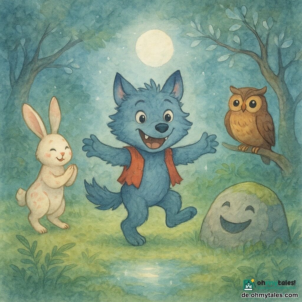 Ein junger Werwolfjunge mit grau-blauem Fell und runden, schelmischen Augen lächelt breit und zeigt freundliche, abgerundete Zähne; er trägt eine zerrissene rote Weste und tanzt fröhlich in der Mitte einer Lichtung, links applaudiert ein kleines magisches Kaninchenweibchen mit cremeweißem Fell und glitzernden rosa Flecken und langen, gebogenen Ohren, rechts sitzt eine sprechende Eule mit braun-ockerfedern und großen gelben Augen auf einem niedrigen Ast und lächelt weise, vor dem Weg liegt ein großer anthropomorpher Graufelsen mit moosbedeckten Rissen, der wie ein lachender Mund wirkt; die Lichtung wird von einer funkelnden Quelle in der Mitte erhellt, mit smaragdgrünem Moosgras, Farnen und verdrehten Baumstämmen mit silbrig schimmernden Blättern im sanften Mondlicht, pastellige Aquarellfarben, weiche Texturen und leicht verschwommene Konturen — eine warme Überraschungsparty, bei der der Werwolf seine Freunde entdeckt und lacht.