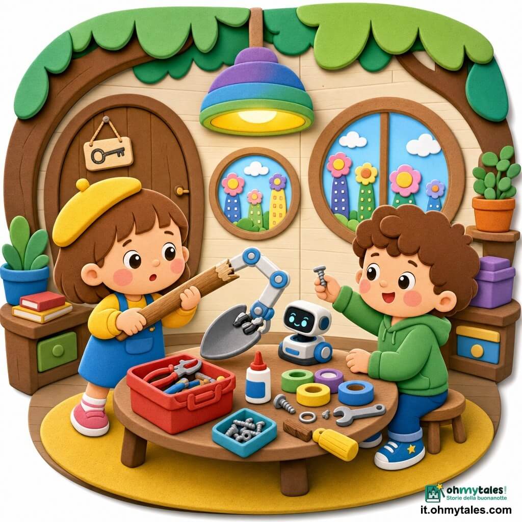 Ci sono due bambini: Mia, 3 anni e mezzo, capelli corti castani, piccolo berretto giallo, viso rotondo con guance rosa, in piedi a sinistra che tiene con entrambe le mani una maniglia di pala rotta; Leo, 3 anni e mezzo, capelli mossi castano chiaro, scarpe blu con stelle, occhi curiosi, seduto a destra su uno sgabello di legno che sorride e porge una piccola vite lucente. Luogo: stanza rotonda sotto un albero artificiale, pareti chiare in legno verniciato, grandi finestre circolari che mostrano grattacieli-fiori luminosi, tavolino al centro con scatole di attrezzi colorati (pinze rosse, colla bianca, nastri multicolori), lampada sospesa che cambia colore e un cartello con una chiave sulla porta. Situazione: i due riparano insieme la maniglia di pala rotta sul tavolo con piccole parti sparse, un braccio robotico in miniatura tiene la pala, atmosfera calda e dolce, gesti calmi e concentrati, colori vivaci, forme semplici e texture in EVA con bordi arrotondati e strati incollati.