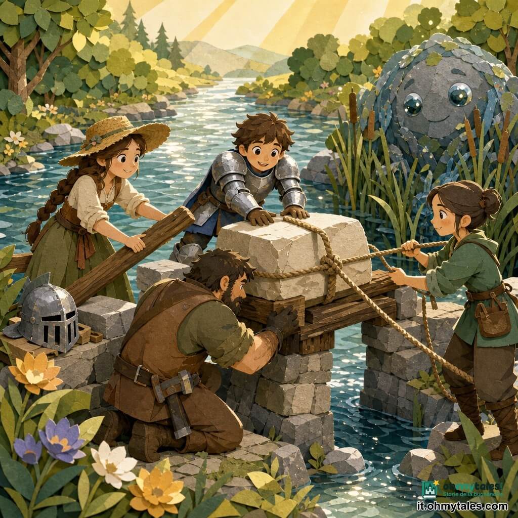Il protagonista è un giovane cavaliere, Sir Lumin, volto rotondo e grandi occhi, armatura argentata leggermente ammaccata, elmo a lato, che posa con sorriso l'ultima grande pietra chiara al centro di un ponte in costruzione; Mira, contadina ~25 anni, capelli castani intrecciati e cappello di paglia, spinge un tronco a sinistra per stabilizzare la pietra; Tobia, fabbro ~30 anni, corporatura robusta e mani annerite dalla fuliggine, inginocchiato in primo piano regola una cuneo di legno sotto la pietra; Nela, custode delle corde ~22 anni, snella con i capelli raccolti, tende una corda robusta a destra per assicurare la pietra; il Guardiano del Fiume, creatura metà roccia metà acqua con forma tondeggiante e occhi lucenti come ciottoli, emerge tra i giunchi con sguardo benevolo; scena su una riva ampia e limpida con acqua scintillante, sponde fiorite e legni e pietre accatastati, raggi di sole caldi filtrano tra la polvere sottile come scintille, atmosfera di sforzo condiviso e gioia tranquilla.