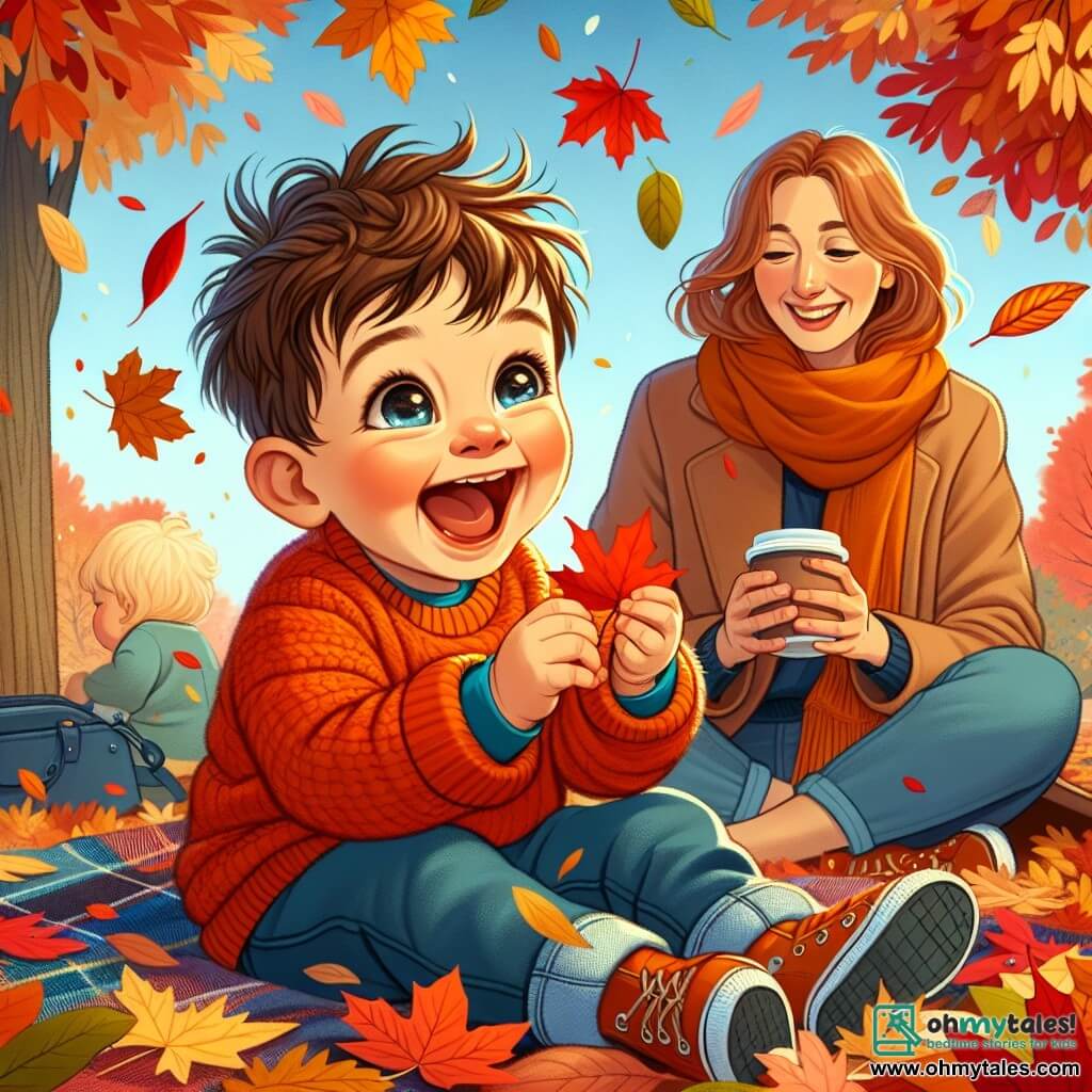 A one-year-old boy with messy brown hair and bright sparkling eyes is sitting in the middle of a pile of colorful autumn leaves, laughing joyfully. He is wearing a bright orange sweater and denim pants, and his small hands are full of leaves that he throws into the air with delight. Next to him, his mother, a woman around 30 with long brown hair, smiles at him. She is dressed in a light coat and a warm-colored scarf, holding a cup of hot chocolate, enjoying the moment. The setting is an autumn park with majestic trees displaying vibrant red, orange, and yellow leaves. The ground is covered with a crunchy layer of leaves, and the sky is a clear blue with a few white clouds. The main scene shows the little boy playing in the leaves, laughing and tossing them in the air, while his mother watches him tenderly, creating a joyful and warm atmosphere.