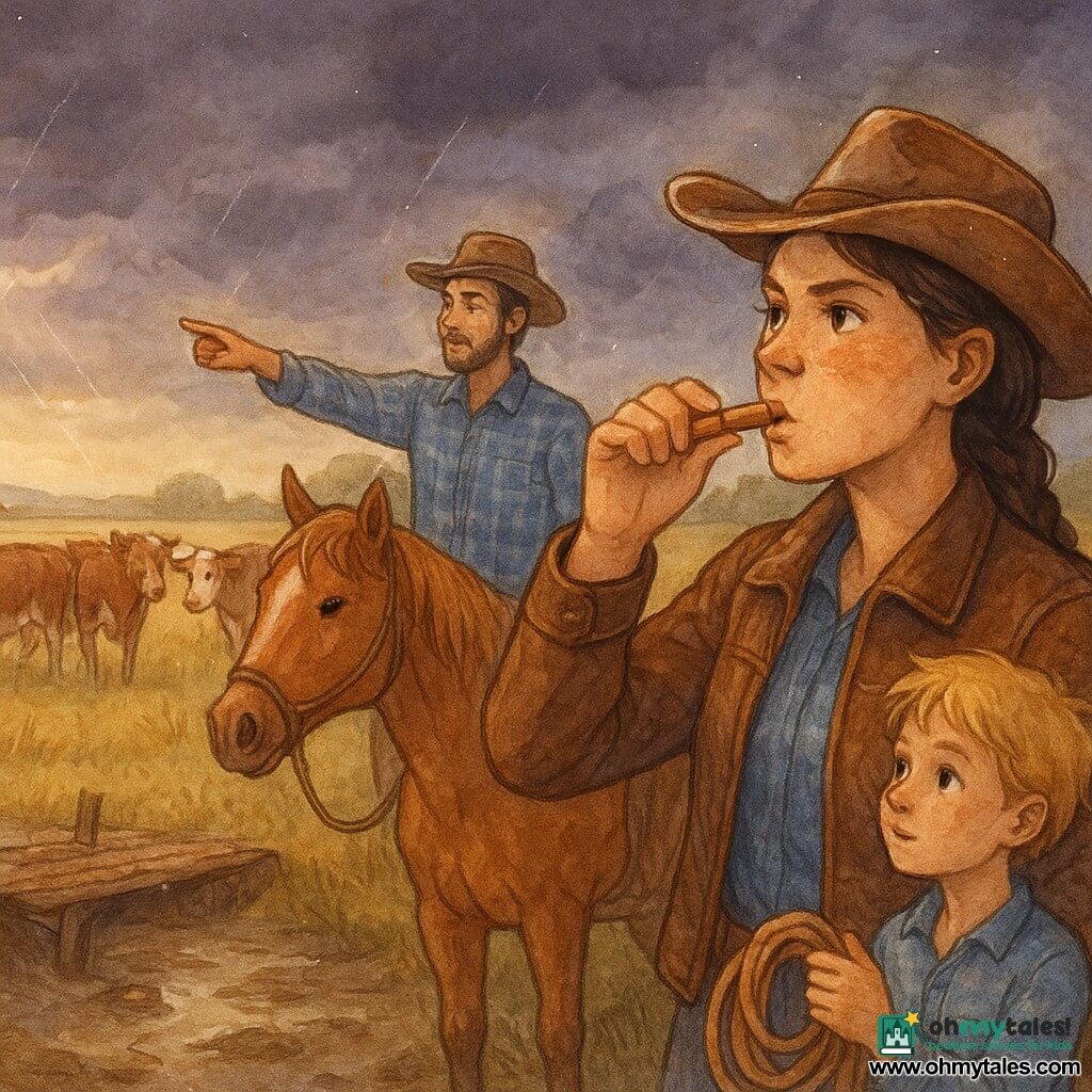 A young energetic cowgirl with freckled face and braided brown hair, wearing a worn hat and brown leather jacket, blows a small wooden whistle with focused eyes and pursed lips as she stands by a herd of cows; Eli, a 20–25-year-old rancher friend with stubble and a blue plaid shirt, stands slightly behind and left, raising his hand and pointing to the stormy horizon; a blond, tousled eight-year-old ranch helper a few steps to the right holds a coiled rope and watches the cows admiringly; the horse Lark, a large chestnut with a wet muzzle and flowing mane, stands calmly beside her with a relaxed saddle rope; the wide prairie has golden wild grass, low ridges, a muddy stream and a broken wooden bridge in the foreground, purple storm clouds pierced by a few sun rays, hoofprints in the mud; the cowgirl whistles to gather the herd before the storm, a calm tension as cows turn and move toward her, medium-shot composition, warm earth and grass tones contrasted with the dark sky, watercolor textures with white gel-pen highlights suggesting reflections and the first rain.