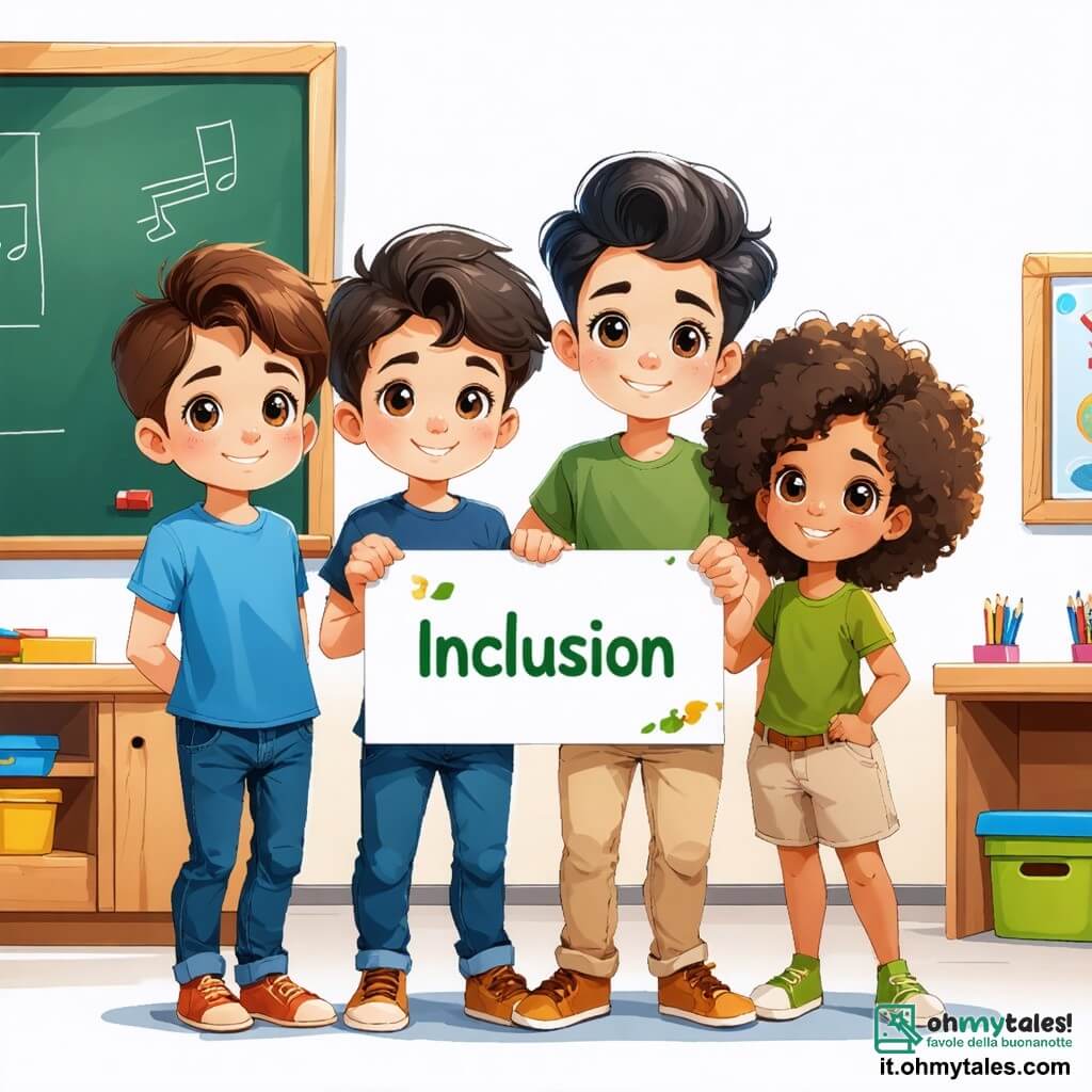 In un'aula colorata, vediamo quattro personaggi principali. **Alessandro**: un ragazzo di 12 anni con capelli castani e occhi vivaci, indossa una maglietta blu e jeans, sorridendo e tenendo un cartello sull'inclusione. **Amir**: un ragazzo di 12 anni con capelli neri e ricci, pelle olivastra, indossa una camicia verde e pantaloni beige, è a sinistra di Alessandro con le braccia incrociate e un'espressione determinata. **Sara**: una ragazza di 12 anni con lunghi capelli neri e occhi marroni, indossa un vestito colorato, è a destra di Alessandro alzando la mano per condividere la sua esperienza con un grande sorriso. **Marco**: un ragazzo di 12 anni, alto e biondo, con occhi blu, indossa un felpa rossa, è dietro Alessandro e ascolta attentamente. L'aula è luminosa, con muri decorati da poster colorati che rappresentano culture di tutto il mondo. I bambini discutono con passione delle differenze culturali e dell'importanza dell'inclusione, creando un'atmosfera calorosa e amichevole che simboleggia unità e diversità.