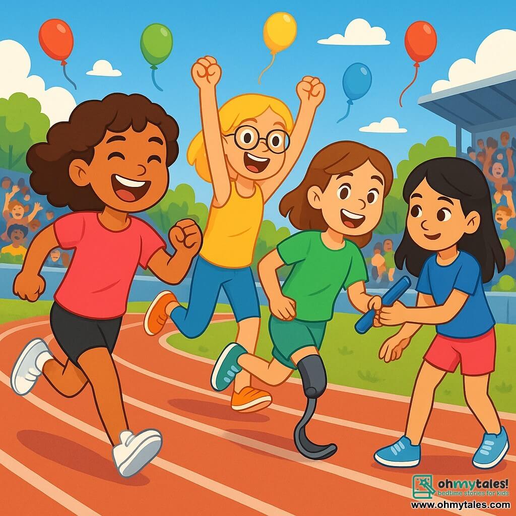 There are four children: Mia, an 11-year-old girl with curly brown hair, wearing a bright pink t-shirt and black shorts, running with a big smile and full of energy; Lily, also 11, with blonde hair and glasses, dressed in a yellow tank top and blue leggings, just behind Mia with her arms raised in encouragement; Emma, an 11-year-old girl with brown hair and a prosthetic leg, wearing a green t-shirt and shorts, running determinedly with a joyful expression; and Sara, an 11-year-old girl with smooth black hair, in a blue t-shirt and pink shorts, passing the baton to Emma, focused and smiling. The scene takes place on a sunny athletic track surrounded by greenery, with enthusiastic spectators in the stands. The bright blue sky and colorful balloons add to the festive atmosphere. The main situation shows the four friends running together in a relay race, their faces lit up with excitement and team spirit, while the spectators cheer them on, creating a dynamic and lively ambiance.