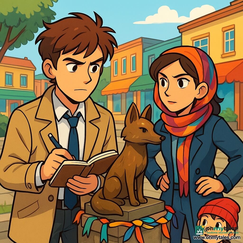 A detective named Miles stands at the center of the scene, with a determined and curious look. He has messy brown hair, a slightly wrinkled beige jacket, and an open notebook in his hands. Next to him is a woman named Lina, around 30 years old, wearing a colorful scarf and bright eyes, observing the detective attentively with her hands on her hips, ready to assist. In the background, a young boy named Jax, 10 years old, wearing a red beanie and a mischievous smile, holds a skateboard under his arm, watching the scene with fascination. The scene takes place in a lively square surrounded by small shops with colorful facades and stone gardens, featuring a bronze statue of a fox at the center, adorned with colorful ribbons tied by children. The main situation shows Miles examining the fox statue, a look of concentration on his face, while Lina and Jax exchange knowing glances, all three engaged in the investigation of the statue's theft.