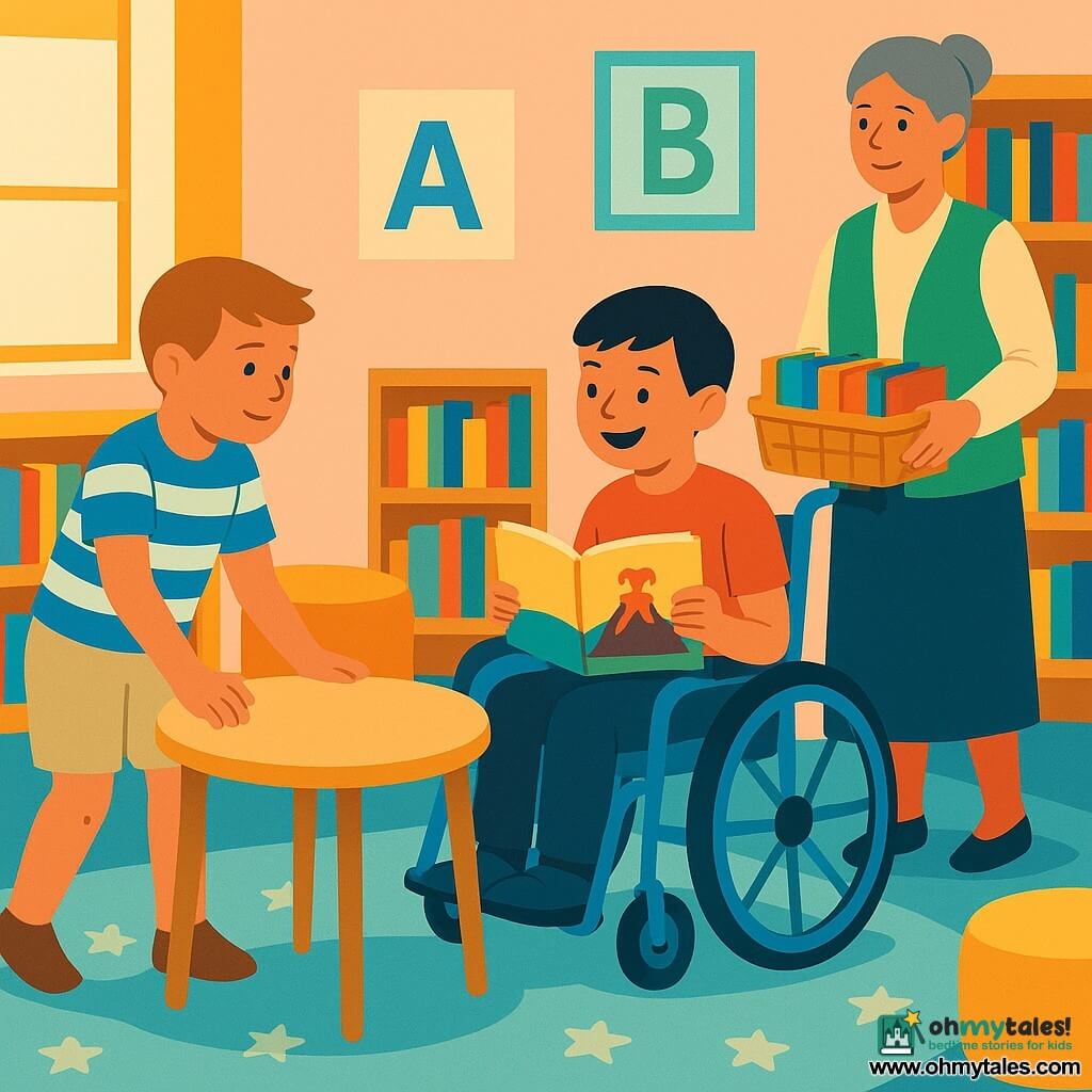 An 8-year-old boy, Leo, light brown short hair, smiling and focused, pushes a small round table on a star-patterned rug to open a path; another 8-year-old boy, Ethan, with short black hair and a mischievous smile, sits in a bright blue wheelchair holding an illustrated book about volcanoes and rolls into the cleared space; a librarian in her 40s with grey hair in a bun and a green cardigan stands slightly back, placing two baskets of books nearby and smiling encouragingly; the scene is a cozy library reading corner with low colorful shelves, poufs, a small wooden table moved to the wall, warm window light, pastel walls with letter posters; the composition emphasizes cooperative gestures, warm expressions, vivid colors and a contemporary graphic look.
