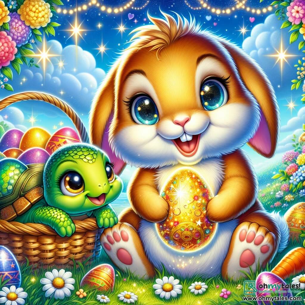 Hoppy, a small rabbit with shiny, colorful fur like a rainbow, is at the center of the image, with sparkling eyes filled with joy and a wide smile, holding a beautiful shimmering golden egg in his paws. Next to him, Tilly, a small turtle with a shiny green shell, looks at Hoppy with admiration, her round eyes filled with excitement as she holds a basket full of colorful carrots. In the background, an enchanted clearing is adorned with vibrant flowers and string lights, under a clear blue sky dotted with fluffy white clouds. The scene captures the magical moment when Hoppy and Tilly discover the Golden Egg, surrounded by their animal friends, ready to celebrate Easter in a joyful and festive atmosphere.