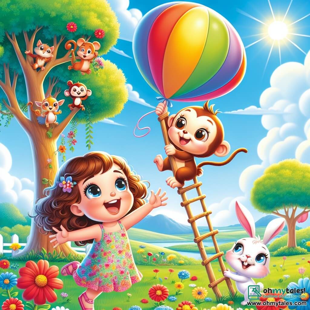 A 4-year-old girl with curly hair and a big smile is jumping for joy under a bright blue sky. She wears a colorful dress with floral patterns and pink sandals. Next to her, a mischievous little monkey named Max, with brown fur and sparkling eyes, climbs a ladder made of sticks and flowers, laughing heartily. A small white rabbit named Bella, with big ears and curious eyes, stands at the bottom of the ladder, raising her paws to encourage Max. The scene takes place in a vast green field dotted with red, yellow, and blue flowers, under a radiant sun. In the distance, majestic trees and a sky filled with fluffy clouds can be seen. The main situation shows the girl and her friends trying to retrieve a huge colorful balloon stuck in a tree, creating a joyful and friendly atmosphere.