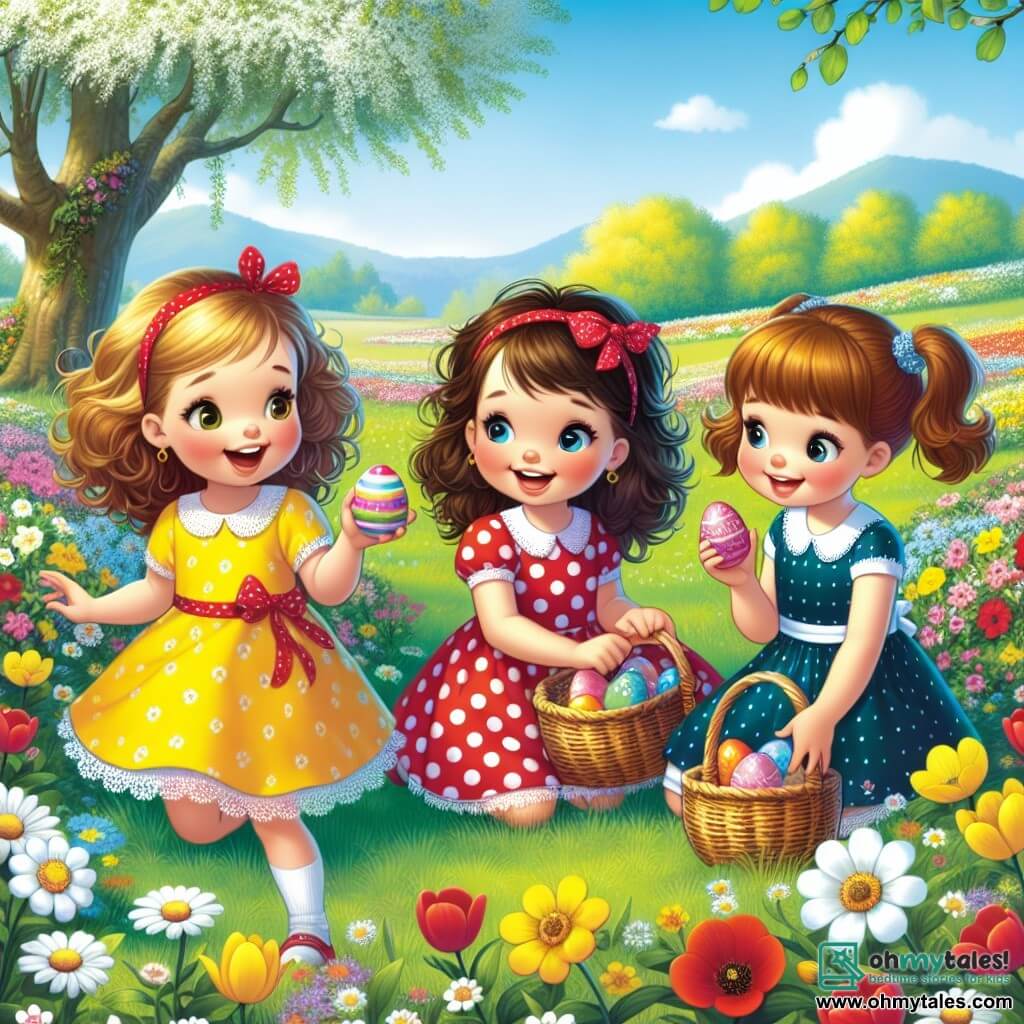 Three nine-year-old girls, Emma, Lucy, and Mia, are gathered in a sunny field surrounded by colorful flowers. Emma, wearing a bright yellow dress and curly brown hair, smiles joyfully while holding a wicker basket. To her left, Lucy, in a red polka dot dress and red pigtails, excitedly looks at a shiny egg she just found. To the right, Mia, in a blue dress with her brown hair in a ponytail, kneels to examine an egg hidden under a flower. The scene captures the girls in the midst of an Easter egg hunt, their faces lit up with joy and excitement as they discover colorful eggs among the flowers, creating a festive atmosphere.