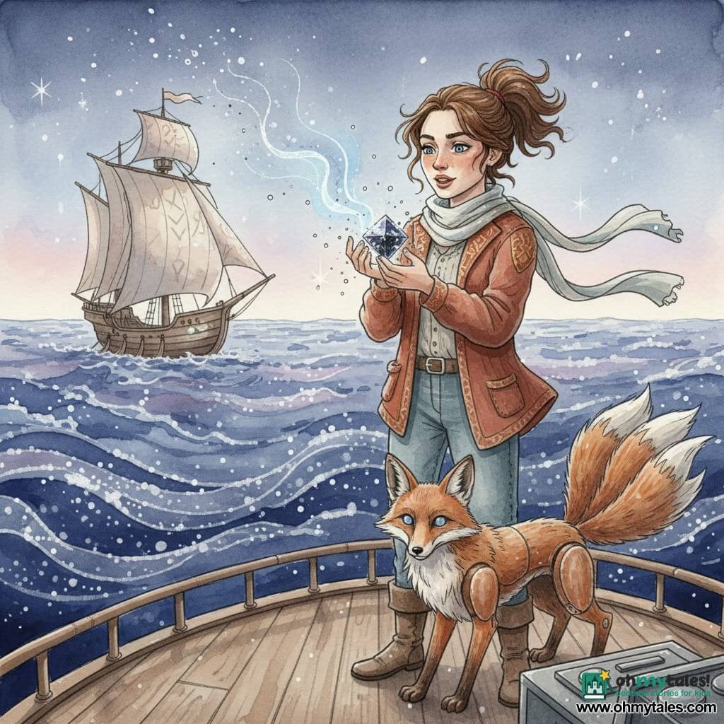 Adult woman ~28, determined soft face with empathetic eyes, singing with parted lips as she holds a small dark shimmering Null Prism that dissolves into a light blue-white mist; she wears a worn rust jacket with small gold runes on the collar, a floating light scarf and a messy brown ponytail, standing forward on the deck of a spacecraft; a dog-sized copper-and-brass mechanical fox with luminous marble eyes stands protectively by her boots, tail fanned and a paw on a console with violet reflections on its metal; in the left background the winged ship Wren with translucent sails and runic patterns is moored on a Sea of Quiet — a star-splintered void of indigo, midnight blue and lavender with silver splashes — watercolor tones, subtle cold lighting focused on her hands and the Prism, grainy textures and silver micro-splashes suggesting fading magic, composition centered on the woman and Prism with the fox foreground right and Wren and the dark sea background left to evoke infinity.