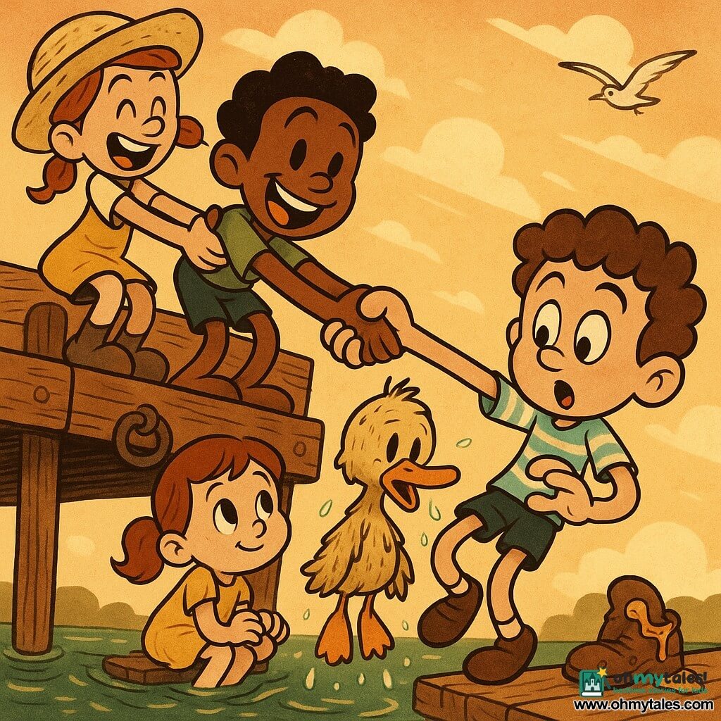 10-year-old Milo, joyful and focused with arched brows, small "o" mouth, curly brown hair and a light-blue striped shirt, reaches for his wet stuffed duck; 10-year-old Tessa, red-haired in pigtails wearing a straw hat and laughing eyes, holds Jamal's ankles at the left end of the human chain while standing on the old creaky wooden dock; 10-year-old Jamal, dark-skinned with a wide smile in a green t-shirt, grips Milo's hand in the middle of the chain, leaning slightly toward the water; 6-year-old Daisy in a peanut-butter-stained yellow dress sits at the right edge of the dock clutching her stuffed duck Sir Quacksalot with hopeful eyes; Sir Quacksalot is soaked, matted and a little dirty, dangling from Milo's beak with glistening water drops; the scene shows a twisted, comic human chain, outstretched arms and exaggerated expressions on a weathered dock with rusty metal rings, green water reflecting the golden sunset, a sticky peanut-butter-covered shoe on the dock edge, a few splashes and a gull flying in the background, warm colors, soft shadows and sparkling droplets.