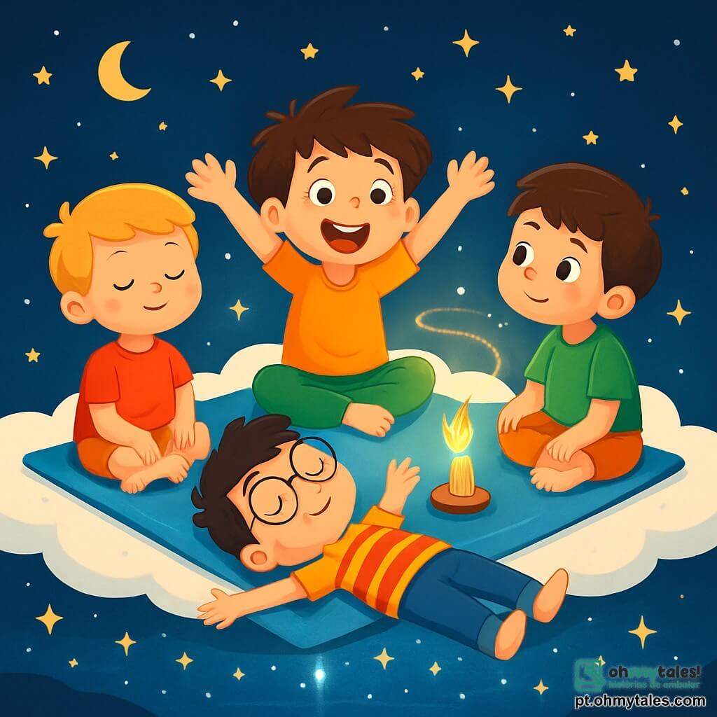 Há 4 crianças: - Tomás: um menino de 7 anos, com cabelo castanho bagunçado e olhos brilhantes. Ele está sentado de pernas cruzadas em um tapete mágico azul, com os braços levantados para o céu e um grande sorriso no rosto. - Lucas: um menino de 6 anos, com cabelo loiro e bochechas rosadas. Ele está ao lado de Tomás, com os olhos fechados, respirando profundamente, com uma expressão serena. - André: um menino de 8 anos, com cabelo preto e óculos redondos. Ele está deitado no tapete, com os braços estendidos, como um peixe flutuando na água. - Miguel: um menino de 7 anos, com cabelo castanho e uma camiseta verde. Ele está sentado em frente a Tomás, com as pernas cruzadas, olhando para o lago mágico com admiração. O local é uma grande nuvem branca, macia e fofinha, flutuando em um céu estrelado. Abaixo, um lago brilhante como um espelho, refletindo as estrelas cintilantes e os sonhos das crianças. A luz dourada de uma pequena vela dança ao redor deles, criando uma atmosfera tranquila e acolhedora. A cena principal mostra as crianças brincando de posturas de sono, cada uma adotando uma posição relaxante no tapete mágico, cercadas por uma luz suave e calmante, prontas para mergulhar em um mundo de sonhos encantadores.