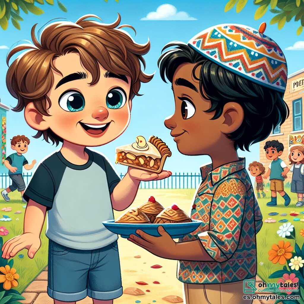 Un niño de 9 años, Lucas, con cabello castaño desordenado y ojos llenos de curiosidad, está en el centro de la imagen, sonriendo ampliamente mientras le ofrece un trozo de tarta de manzana a su amigo. Lleva una camiseta azul y un pantalón corto de mezclilla, y su rostro expresa una alegría contagiosa. A su lado, Amir, un niño de 9 años con piel ligeramente bronceada, cabello negro y una gorra colorida, mira a Lucas con una sonrisa tímida, sosteniendo un plato de baklava. Amir lleva una camisa de estampados y un pantalón beige, y se mantiene un poco atrás, pero su mirada está llena de amistad. El escenario es el patio de una escuela soleada, rodeada de flores coloridas y grandes árboles verdes. Niños juegan al fondo, y carteles culturales decoran las paredes de la escuela, añadiendo un toque festivo a la atmósfera. La situación principal muestra a Lucas y Amir compartiendo dulces de sus respectivas culturas, simbolizando su amistad y la belleza de la diversidad. Ambos niños están rodeados de un ambiente alegre, ilustrando la importancia de la inclusión y el respeto entre amigos.