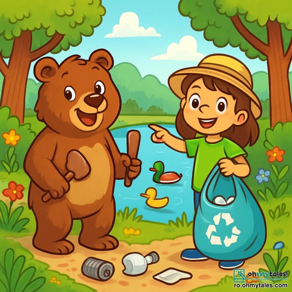 Un urs brun, pe nume Bruno, stă vesel pe marginea unui lac cristalin, cu un zâmbet larg pe fața sa expresivă. Are un blană moale și strălucitoare, ochi strălucitori de curiozitate și ține o mică lopată din lemn, pregătit să ajute la curățarea naturii. Lângă el, o fetiță cu părul castaniu, pe nume Elena, poartă un tricou verde aprins și o pălărie din paie. Zâmbește entuziast, ținând un sac de reciclare într-o mână și arătând cu degetul un grup de rațe care înoată liniștit în lac. Decorul este o pădure luxuriantă, cu copaci majestuoși cu frunze de un verde strălucitor, flori colorate care cresc pe malurile lacului și un cer albastru deschis presărat cu nori albi pufoși. Situația principală arată cum Bruno și Elena strâng deșeuri în jurul lacului, înconjurați de frumusețea naturii, ilustrând angajamentul lor de a proteja mediul și de a păstra acest ecosistem minunat.
