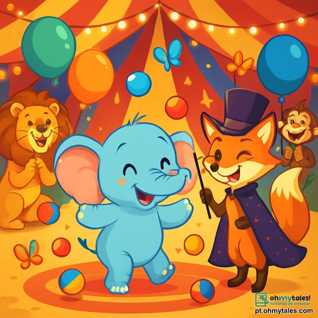 Um pequeno elefante alegre, chamado Bolota, com uma tromba longa e orelhas grandes como velas, dança no centro de uma grande tenda de circo. Seus olhos brilham de excitação e ele sorri amplamente, cercado por belos balões coloridos. Ao seu lado, uma elegante raposa com um chapéu alto e uma capa brilhante sorri com malícia, segurando uma varinha mágica. Ela parece orgulhosa e divertida, pronta para realizar um número mágico. Ao fundo, animais do circo, como um leão de pelagem dourada e um macaco travesso, aplaudem com entusiasmo, acrescentando à atmosfera festiva. A tenda é decorada com listras vermelhas e amarelas, iluminada por cordões de luzes cintilantes, criando uma atmosfera alegre e vibrante. Bolota tenta pegar bolas coloridas que pulam ao seu redor, enquanto borboletas voam no ar, adicionando um toque de magia a esta cena encantada do circo.