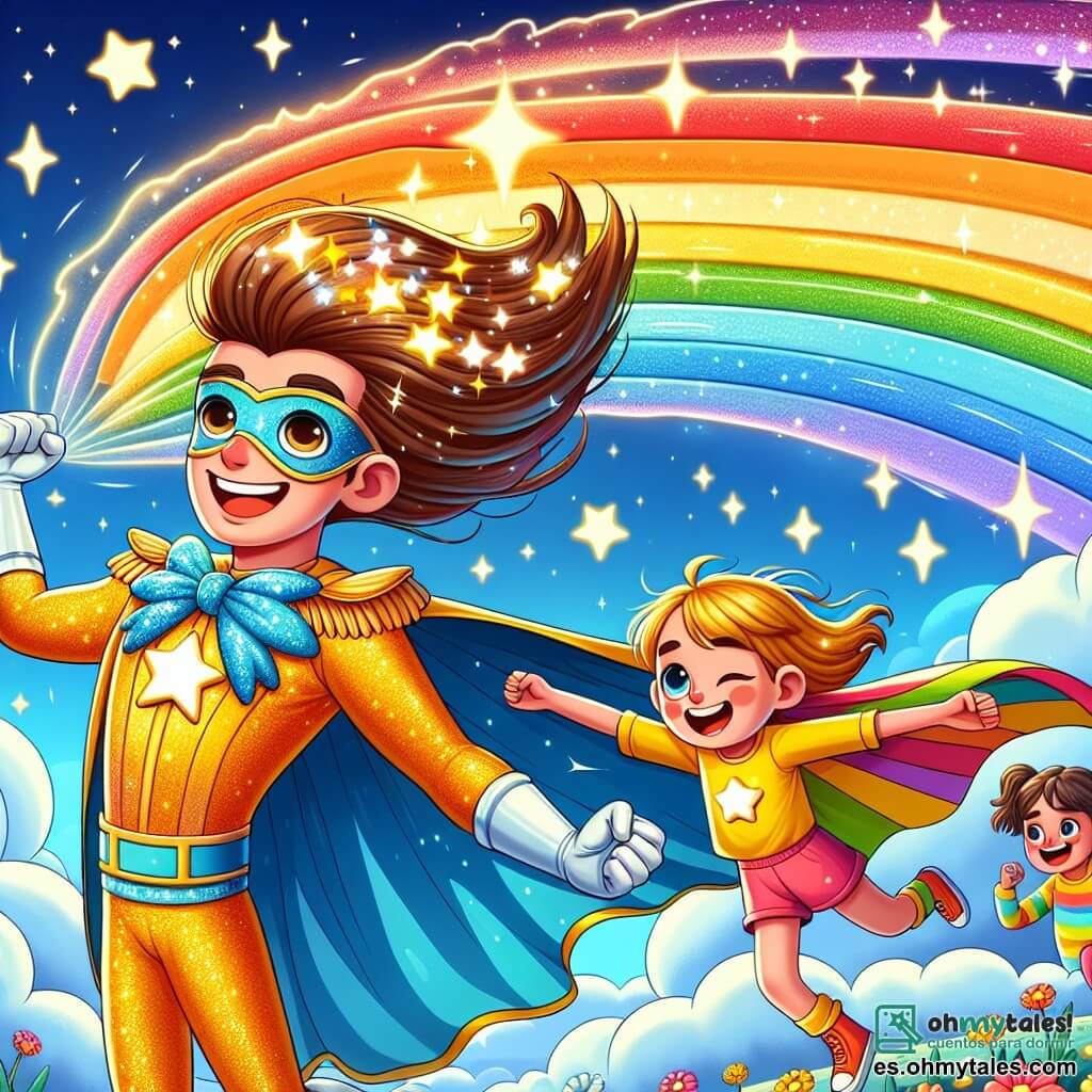 El personaje principal, el **Capitán Brillito**, es un hombre con cabello brillante como estrellas, vestido con un traje de colores vivos y una capa flotante. Muestra una amplia sonrisa, lleno de alegría y energía, mientras levanta los brazos al cielo, listo para compartir su magia. A su lado, **Luz**, una niña de unos 8 años, tiene largos cabellos dorados que brillan como un arcoíris. Está creando un hermoso arcoíris con sus manos, con ojos chispeantes de emoción. Un poco más lejos, **Rayo**, un niño de 7 años, corre rápidamente, con el cabello despeinado y una cara radiante de felicidad. Está saltando bajo el arcoíris, riendo a carcajadas. La escena transcurre en un cielo mágico, con nubes suaves y esponjosas, sobre un paisaje colorido. El cielo es de un azul brillante, salpicado de estrellas centelleantes, y el suelo está cubierto de flores multicolores que bailan con la brisa. La situación principal muestra al Capitán Brillito, Luz y Rayo jugando juntos, creando un arcoíris y compartiendo risas, ilustrando la alegría de la amistad y el poder de llevar felicidad a los demás.