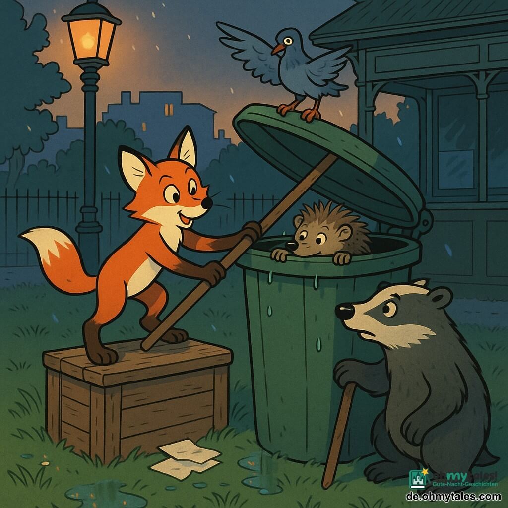 Filo, ein junger roter Fuchs mit glänzendem Fell und konzentriertem, mutigem Blick, steht auf einer abgenutzten Holzkiste, Vorderpfoten auf dem großen grünen Mülltonnendeckel, und hebt mit einem langen Holzbesen den rutschigen Rand; Mira, ein kleiner Igel mit struppigen Stacheln und etwas schmutzigem Schnäuzchen, schaut erleichtert und überrascht, schiebt den Kopf durch die Öffnung zwischen Deckel und Tonne, Krallen am Rand; Brumm, ein kompakter Dachs mit grau-schwarzen Streifen, wirkt misstrauisch aber aufmerksam, steht leicht zurückgelehnt mit einer großen Pfote auf einem stabilen Stock, bereit zu helfen; Keks, eine graue Taube mit glänzendem Gefieder, sitzt kokett auf dem Dach eines nahen Kiosks, schlägt mit den Flügeln und beobachtet; Schauplatz: eine Ecke eines kleinen Stadtparks in der Dämmerung mit nassem Gras, Papierfetzen und orangeem Laternenlicht; Szenerie: ein spannender, einfallsreicher Rettungsversuch — der mutige Fuchs befreit den im Mülleimer steckenden Igel mithilfe von Kiste und Besen, die anderen Tiere schauen und unterstützen, dynamische Komposition und sichtbare Emotionen.