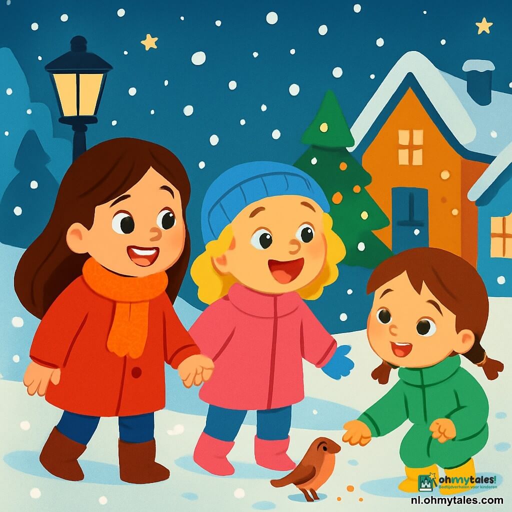 Er zijn 3 personages: - Lila: een 6-jarig meisje met lang bruin haar en sprankelende ogen. Ze draagt een felrode jas en een wollen sjaal. Ze staat links, glimlachend, hand in hand met Noor. - Noor: een 5-jarig meisje met krullend blond haar en een blauwe muts. Ze draagt een roze jas en witte handschoenen. Ze staat in het midden, vrolijk kijkend naar de vallende sneeuw. - Mira: een 4-jarig meisje met kastanjebruin haar en vlechten. Ze draagt een groene sneeuwoverall en gele laarzen. Ze staat rechts en steekt een kleine hand uit naar een vogel langs het pad. De locatie is een charmante besneeuwde buurt, met huizen met met sneeuw bedekte daken, verlichte lantaarns en kerstbomen versierd met fonkelende slingers. De sneeuw valt zachtjes en creëert een witte, donzige deken op de grond. Sneeuwvlokken dansen in de lucht en sterren beginnen te schitteren aan de nachthemel. De hoofdsituatie toont de drie meisjes die glimlachen en lachen terwijl ze kruimels koekjes aan een klein vogeltje op het pad aanbieden, omringd door de magie van Kerstmis.