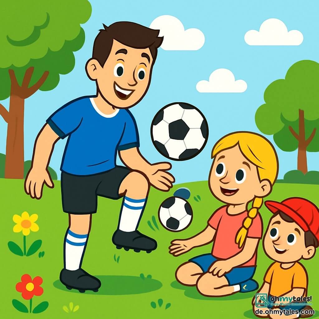 Ein lächelnder Mann, Max, ist ein professioneller Fußballspieler mit braunen Haaren und strahlenden Augen. Er trägt ein blaues Fußballtrikot und eine schwarze Shorts und zeigt einem kleinen Mädchen, Mia, wie man mit einem Fußball jongliert. Mia, ein 7-jähriges Mädchen mit langen, geflochtenen blonden Haaren, trägt ein pinkes T-Shirt und eine Jeansshorts. Sie sitzt auf dem Gras, konzentriert und amüsiert, und versucht, den Ball in der Luft zu halten. Neben ihnen schaut ein 6-jähriger Junge namens Tom mit braunen Haaren und einer roten Mütze bewundernd zu und ist bereit, mitzumachen. Der Ort ist ein grüner Park, voller bunter Blumen und majestätischer Bäume, unter einem klaren blauen Himmel mit einigen weißen Wolken. Die Szene spielt auf einem gut gepflegten Rasen, wo das Gras leuchtend grün ist. Die Hauptsituation zeigt Max, der Mia und Tom die Grundlagen des Fußballs beibringt, mit Lachen und Lächeln, was eine fröhliche und freundliche Atmosphäre schafft.