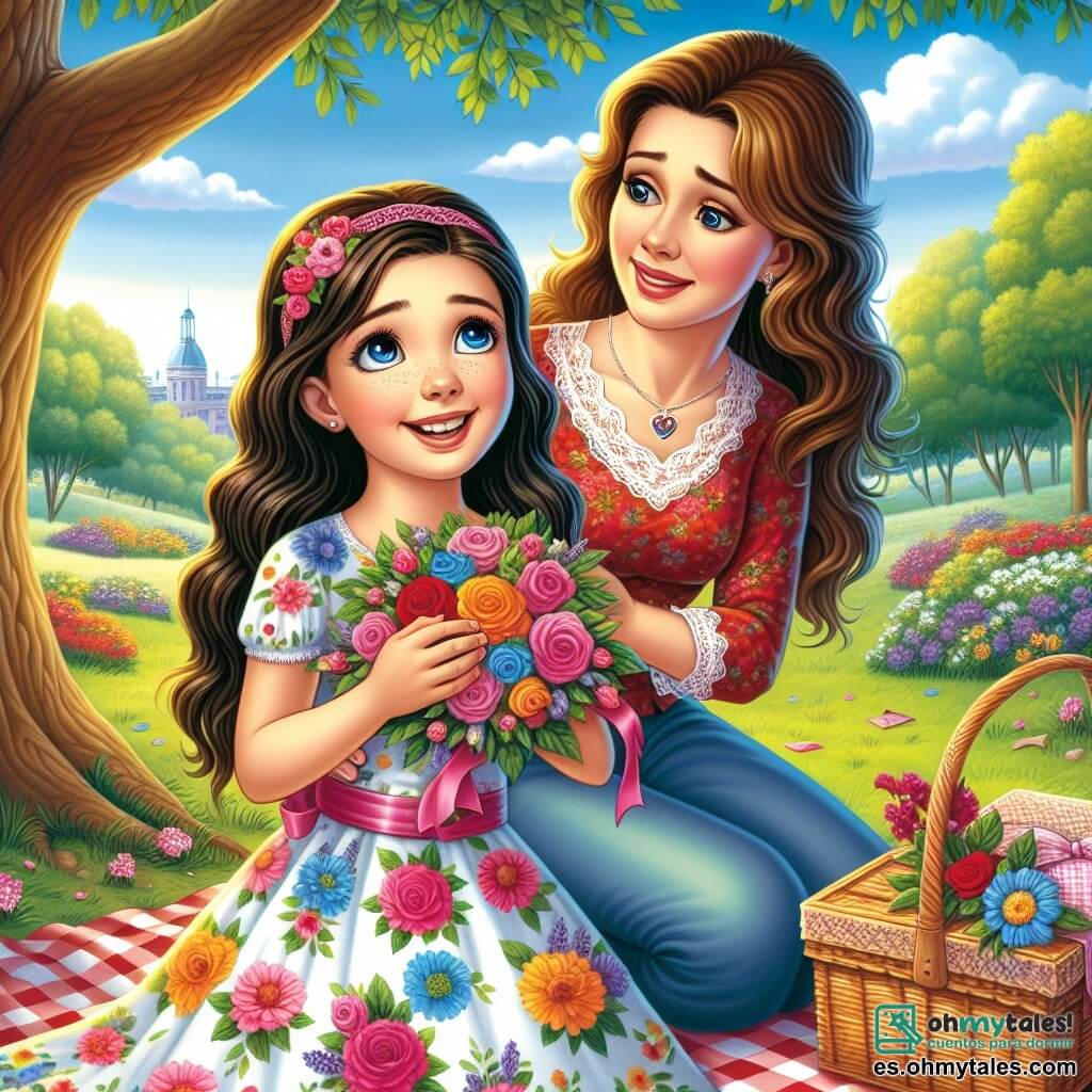 Una niña de 10 años, llamada Sofía, está en el centro de la imagen, con largos cabellos castaños y ojos brillantes de alegría. Lleva un vestido colorido con flores y una gran sonrisa en su rostro, sosteniendo un bonito picnic bajo un gran árbol. A su lado, su mamá, una mujer de unos 35 años, con cabello castaño y una expresión emocionada, admira un collar hecho a mano que su hija le ha regalado. Se encuentran en un parque verde, iluminado, con flores coloridas y un cielo azul salpicado de nubes blancas. La escena muestra a Sofía y su mamá compartiendo un momento tierno y alegre, rodeadas de su picnic sobre un bonito mantel a cuadros rojos.