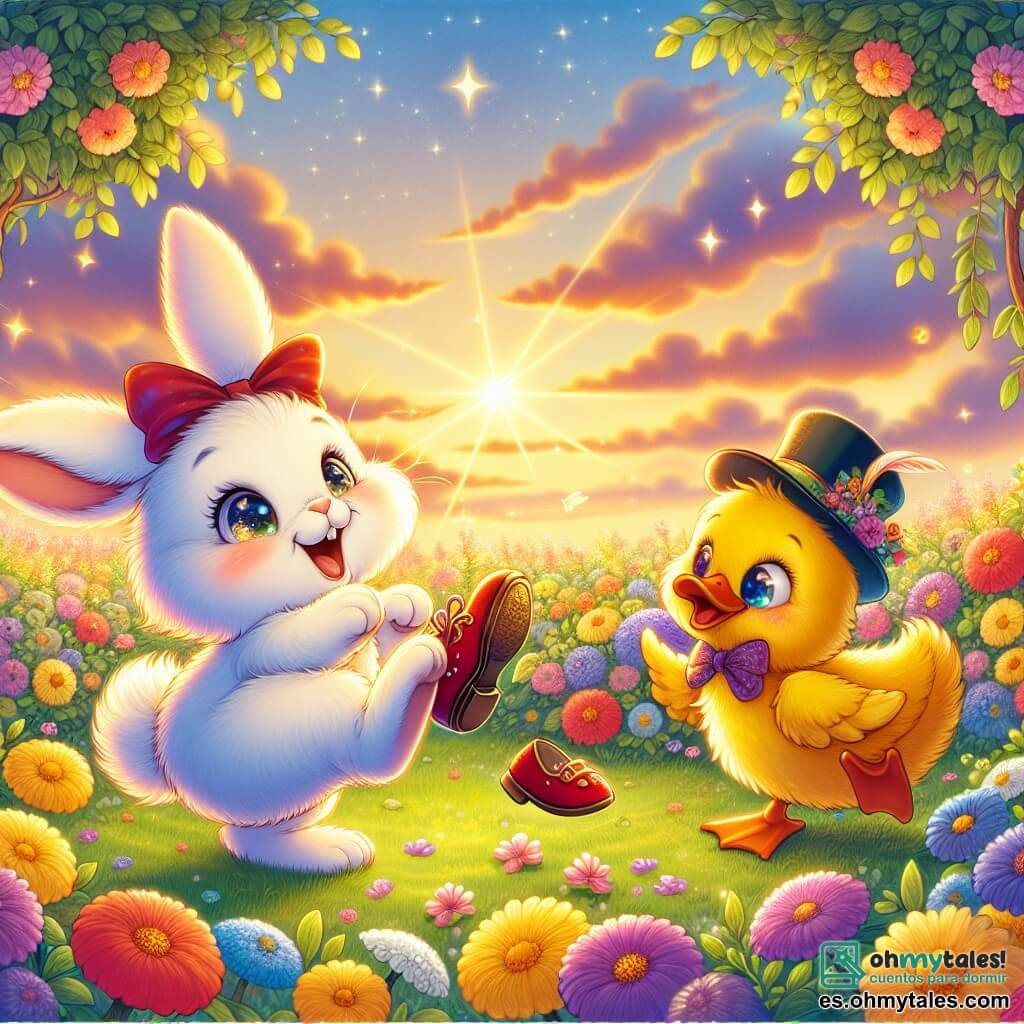 Un pequeño conejo de grandes orejas y pelaje blanco como la nieve, con ojos brillantes de emoción, está bailando alegremente en medio de un campo de flores coloridas, levantando una patita, intentando atrapar una estrella fugaz. Cerca, un pato de plumaje amarillo brillante, con un sombrero extravagante en la cabeza, observa con una sonrisa divertida, sus ojos redondos brillando de travesura, mientras sostiene una taza de té con sus alas. El escenario es un hermoso campo en plena floración, bañado por la luz dorada del sol poniente, donde flores multicolores ondean suavemente con la brisa ligera, creando una atmósfera alegre y mágica. La situación principal muestra al conejo celebrando el descubrimiento de su zapato rojo, bailando con entusiasmo, mientras el pato lo anima con entusiasmo, rodeados por la belleza de la naturaleza y el espíritu de la amistad.