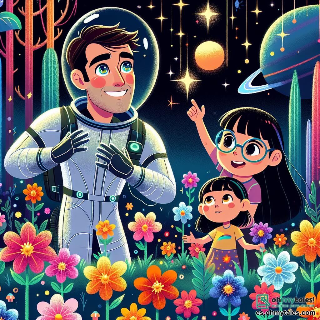 Un hombre llamado Esteban, con cabello castaño y ojos brillantes de curiosidad, lleva un traje espacial brillante. Sonríe maravillado mientras explora un planeta colorido, rodeado de flores luminosas. A su lado, una niña llamada Luna, de unos 10 años, con cabello largo y negro, lleva gafas futuristas y observa fascinada un árbol que habla. El lugar es un mundo fantástico, donde árboles de troncos multicolores se elevan hacia un cielo estrellado, y flores brillantes bailan al ritmo de una suave brisa. La escena principal muestra a Esteban y Luna jugando alegremente con las flores y los árboles, descubriendo juntos la magia de este nuevo universo.