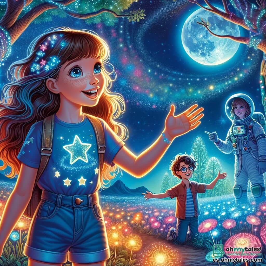 En primer plano, una niña de 12 años, Valeria, con largos cabellos castaños y ojos llenos de curiosidad, observa asombrada a un extraterrestre amigable. Lleva una camiseta azul con estrellas y un short de mezclilla. Su rostro expresa una intensa alegría y fascinación por lo desconocido. A su lado, Lucas, un niño de 12 años con una gorra de astronauta y gafas, sonríe entusiasmado señalando el cielo estrellado. Un poco más lejos, Sofía, una niña de 11 años con cabello rizado y mirada decidida, ajusta su pequeño telescopio, lista para observar las maravillas del universo. La escena tiene lugar en el planeta Luminara, un mundo mágico donde los árboles brillan con luz fosforescente y las flores luminosas bailan suavemente en la brisa nocturna. El cielo está salpicado de estrellas brillantes y una gran luna colorida, creando una atmósfera mágica. La situación principal muestra a Valeria, Lucas y Sofía conversando con Xelak, un extraterrestre de escamas brillantes, quien les explica las maravillas de su mundo. Los niños están cautivados, rodeados de paisajes encantadores, mientras destellos de luz flotan a su alrededor, simbolizando la magia de su encuentro intergaláctico.