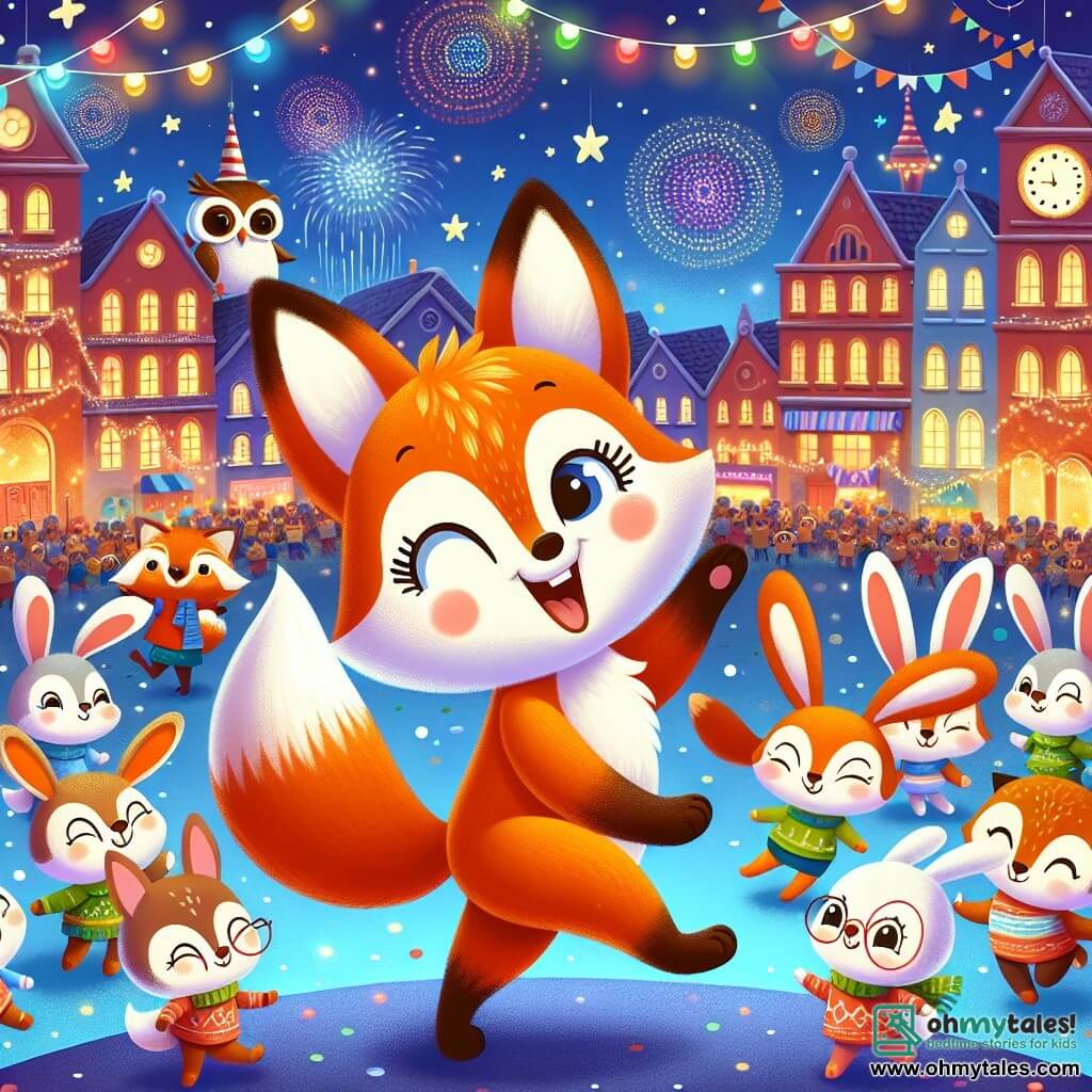 An illustration depicts a joyful fox with bright orange fur and a bushy tail, dancing enthusiastically in a bustling town square. Its eyes sparkle with happiness and a big smile lights up its face. Nearby, a group of large-eared, soft-furred rabbits, all smiling and playful, jump and dance in rhythm. A wise owl perched on a branch watches the scene with an amused smile, its round glasses slipping slightly down its nose. The setting is a central square decorated with thousands of twinkling lights and colorful garlands. Stars shine in the night sky, and fireworks burst in the background, lighting up the night with vibrant colors. The main scene shows the fox dancing like a "crazy goose" in the New Year's celebration, surrounded by animal friends sharing laughter and fun resolutions. Additional elements include floating balloons, festive decorations hanging from trees, and animals of various species, all united in the joy and excitement of the New Year's celebration.