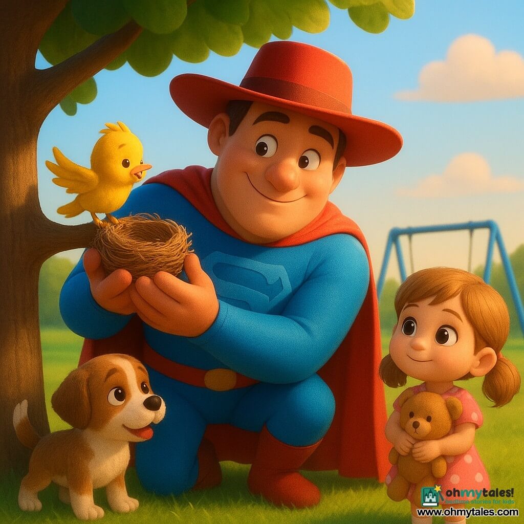 A smiling, kind superhero in a shiny blue costume with a silky cape and large red hat gently returns a bird's nest to a branch on a green lawn; a small bright yellow fluffed bird with partly open wings perches nearby watching with gratitude; a brown-and-white fluffy puppy wags its tail at the hero's knees as if just rescued from a puddle; a little girl of about four in a pink polka-dot dress with pigtails holds her rescued teddy, standing near blue metal swings and gazing admiringly; park daytime with a thick-trunked tree with round leaves, clear blue sky with soft clouds, warm sunset light, saturated colors and soft rounded shapes.