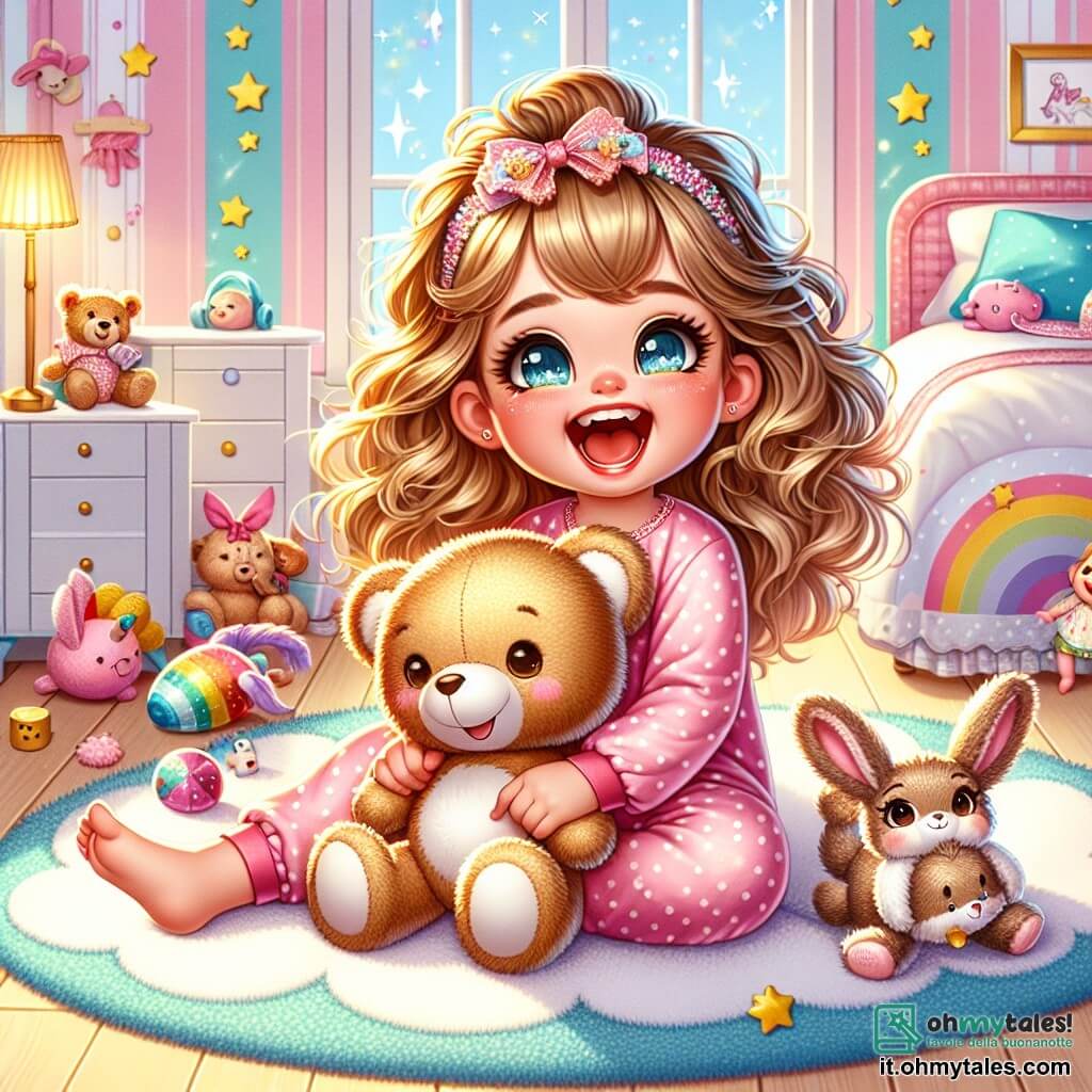 Una bambina di 2 anni, Sofia, con grandi occhi scintillanti e capelli ricci dorati, ride felice seduta su un tappeto morbido a forma di nuvola. Indossa un pigiama rosa a pois e tiene un orsetto di peluche tra le braccia, il suo viso splendente di gioia e malizia. Accanto a lei, un adorabile coniglio di peluche, con orecchie lunghe e morbide, sembra pronto a saltare, i suoi occhi brillano di eccitazione. Un po' più in là, una bella bambola con capelli castani e un vestito colorato è sdraiata sul pavimento, con un sorriso birichino. La scena si svolge in una camera accogliente, decorata con muri pastello, stelle scintillanti appese al soffitto e giocattoli sparsi. Un letto comodo con lenzuola a tema unicorno si trova in un angolo, aggiungendo un tocco magico all'atmosfera. Sofia gioca a nascondino con i suoi peluche, ridendo mentre l'orsetto di peluche appare da sotto il letto, sorprendendo la bambina con un "Buh!" gioioso. L'atmosfera è piena di risate e tenerezza, creando un momento divertente e confortante prima di andare a letto.