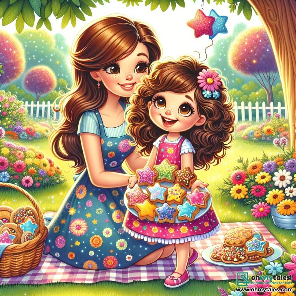 An 8-year-old girl named Lily, with curly brown hair and sparkling joyful eyes, stands at the center of the image, a big smile on her face. She wears a colorful apron that is a bit too big for her and holds a plate filled with star-shaped cookies decorated with colorful sprinkles. Next to her is her mother, a woman in her thirties with long brown hair and a gentle gaze. She is kneeling, admiring her daughter's work, with a touched smile on her lips. The setting is a sunny garden filled with brightly colored flowers, with a large tree providing welcoming shade. A checkered tablecloth is spread on the grass, surrounded by picnic baskets and floating balloons. The main scene shows Lily and her mother celebrating Mother's Day, surrounded by an atmosphere of joy and love as they share a special moment filled with laughter and treats.