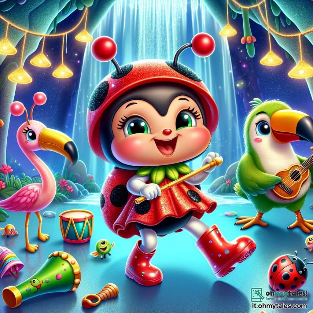 Una coccinella gioiosa di nome Lola, con un bel cappello rosso e stivaletti di gomma, danza con entusiasmo al centro del palco, le sue ali brillanti decorate di punti neri scintillano sotto la luce. Alla sua destra, un tucano colorato di nome Tito, con un grande becco giallo e piume vivaci, suona un tamburo sorridendo, mentre alla sua sinistra, un elegante fenicottero rosa di nome Fifi, con lunghe gambe e piumaggio rosa acceso, tiene un flautino, pronta a suonare una melodia. Lo sfondo è una caverna magica, illuminata da funghi fosforescenti, con pareti scintillanti e una cascata d'acqua chiara sullo sfondo. Sul terreno, strumenti musicali fatti a mano sono sparsi, creando un'atmosfera festosa. La scena principale mostra Lola e i suoi amici che celebrano la scoperta di un tesoro musicale, pieni di gioia e risate, mentre si preparano a suonare insieme in questa caverna incantata.
