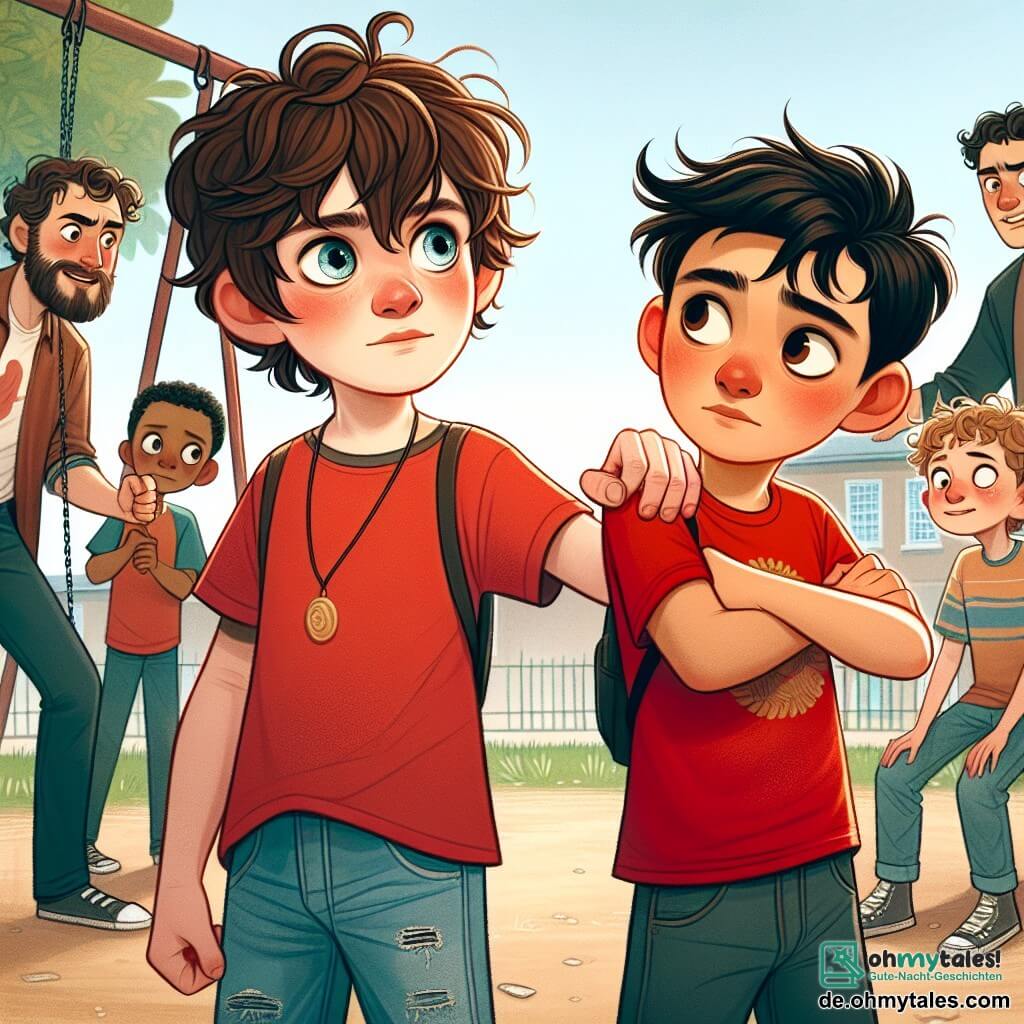 Ein 10-jähriger Junge, Max, mit zerzausten braunen Haaren und funkelnden Augen der Entschlossenheit, steht mutig vor einer Gruppe älterer Jungen. Er trägt ein rotes T-Shirt und eine blaue Jeans, sein Gesicht drückt sowohl Tapferkeit als auch Mitgefühl aus. Neben ihm schaut Jonas, ein weiterer 10-jähriger Junge mit lockigen braunen Haaren, dankbar zu Max, seine Augen spiegeln eine Mischung aus Nervosität und Hoffnung wider. Die beiden Freunde stehen in einem lebhaften Schulhof, umgeben von Kinderspielen, Schaukeln und entferntem Lachen. Im Hintergrund stehen die älteren Jungen mit spöttischen Gesichtsausdrücken nahe einer Wand, was eine angespannte Atmosphäre schafft. Die Hauptsituation zeigt Max, der mutig eingreift, um Jonas gegen Mobbing zu verteidigen, und somit die Kraft von Freundschaft und Unterstützung veranschaulicht.