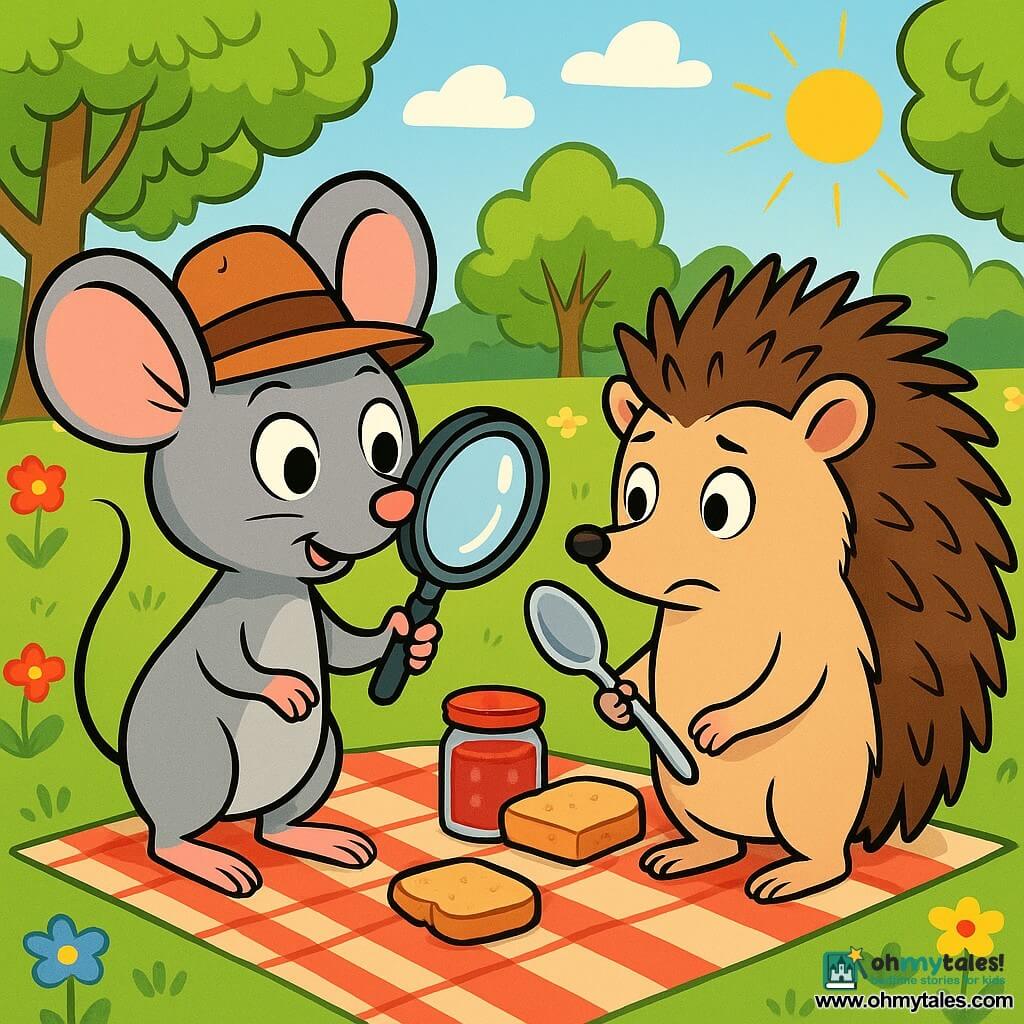 Milo, a small mouse wearing a felt hat and holding a magnifying glass, stands on his hind legs with bright eyes full of excitement and curiosity. His soft gray fur and large attentive ears are prominent. Next to him, Hattie, a small hedgehog with brown spines and round eyes, looks on with a mix of nervousness and determination, delicately holding a silver spoon in her tiny paws. In the background, a sunny park is filled with colorful flowers and green trees. A picnic is spread out on a checkered blanket, featuring jars of jam and pieces of bread. The scene depicts Milo and Hattie solving the mystery of the missing spoon, surrounded by an air of adventure and camaraderie, with sunlight filtering through the leaves.