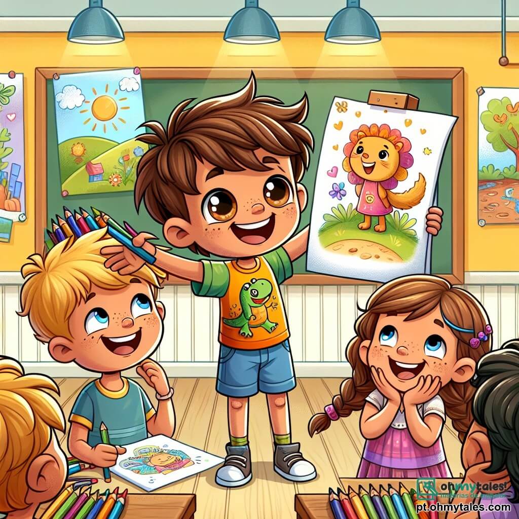 Um garoto de 8 anos, Lucas, está no centro da imagem, com cabelos castanhos bagunçados e olhos brilhantes de curiosidade. Ele usa uma camiseta colorida com um desenho de dinossauro e um short azul, sorrindo alegremente enquanto segura lápis de cor nas mãos. Ao lado dele, uma menina de 7 anos, Ana, com tranças e um grande sorriso, o incentiva levantando um desenho que admira, mostrando seu entusiasmo. Ao fundo, uma sala de aula iluminada com paredes amarelas e cartazes coloridos sobre natureza e arte, cheia de mesas de madeira e cadeiras. Lucas está apresentando seus desenhos aos colegas durante a festa de talentos, cercado por crianças que o ouvem com admiração, criando uma atmosfera de alegria e aceitação.
