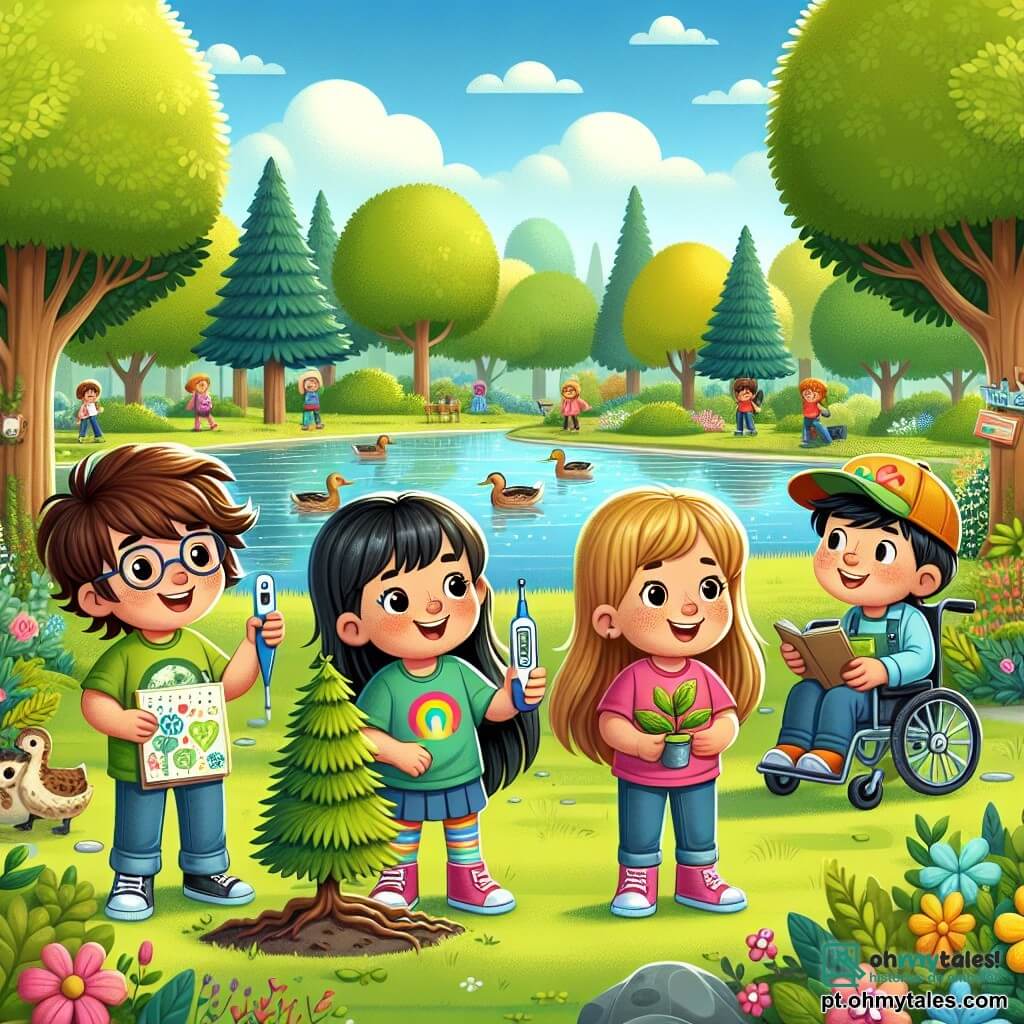 No centro da imagem, quatro amigos estão juntos em um parque verdejante. À esquerda, Lucas, um garoto de 12 anos com cabelos castanhos bagunçados e óculos, sorri segurando um termômetro. À sua direita, Ana, uma menina de 11 anos com cabelos longos e loiros, usa uma camiseta colorida e agita um cartaz sobre a mudança climática. Um pouco atrás, Miguel, um garoto de 12 anos com cabelos negros e um boné, observa uma árvore enquanto faz anotações em um caderno. Por fim, à direita, Sofia, uma menina de 11 anos em cadeira de rodas, com cabelos castanhos e óculos, sorri alegremente segurando uma pequena planta. O parque é cheio de árvores majestosas, com um lago brilhante ao fundo, onde alguns patos nadam tranquilamente. O céu é azul com algumas nuvens brancas e flores coloridas cercam o caminho. Os amigos estão organizando um dia de limpeza e plantio de árvores, determinados a conscientizar os outros sobre a proteção do meio ambiente, exibindo sorrisos entusiasmados e prontos para fazer a diferença juntos.