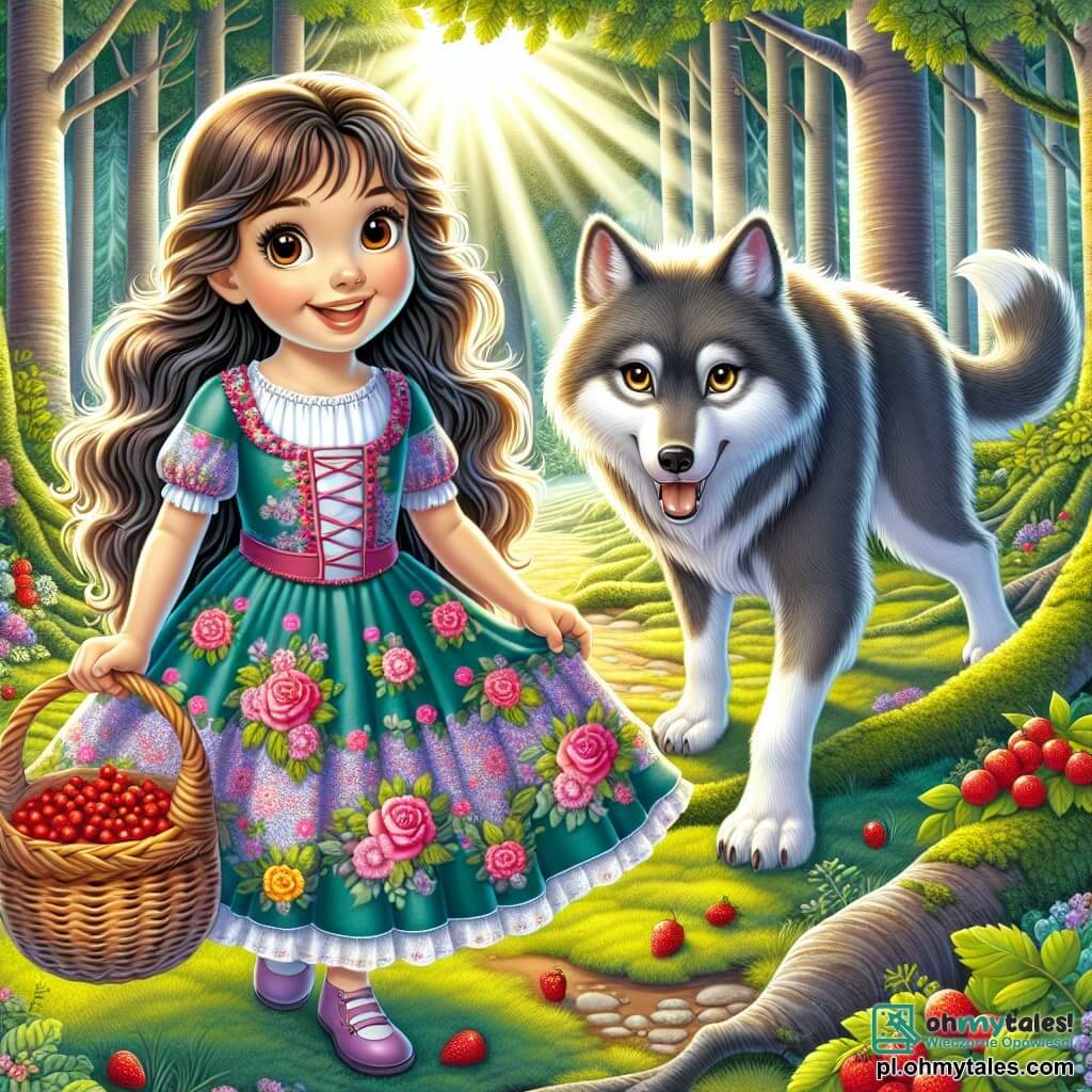 Osiemletnia dziewczynka Zosia z długimi brązowymi włosami i błyszczącymi z ciekawości oczami stoi na środku słonecznej polany z szerokim uśmiechem na twarzy. Ma na sobie kolorową sukienkę w kwiaty i trzyma koszyk z pysznymi jagodami. Obok niej stoi duży szary wilk z błyszczącym futrem i łagodnymi oczami, w przyjaznej postawie, pokazując, że nie jest złym wilkiem, jak się powszechnie sądzi. Sceneria to magiczny las z majestatycznymi drzewami o grubych pniach, wibrującymi zielonymi liśćmi i promieniami słońca filtrującymi przez liście, tworzącymi grę cieni i światła na pokrytej mchem ziemi. Główna sytuacja pokazuje Zosię i wilka dzielących radosny moment, Zosia radośnie się śmiejąc, podczas gdy wilk pokazuje jej tajemną ścieżkę do miejsca pełnego jeszcze większych i słodszych jagód.