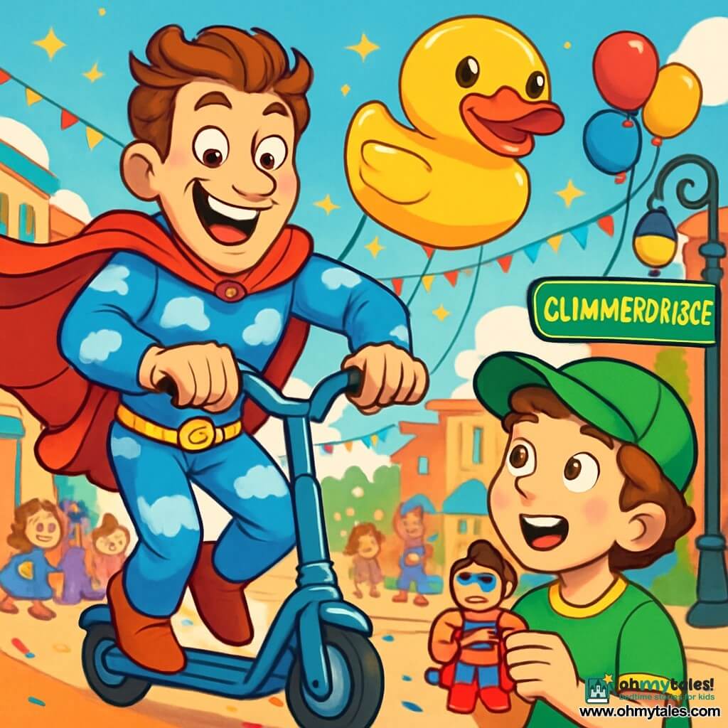 A man named Felix Fizzlebop, with a bright smile and sparkling mischievous eyes, wears a vivid red cape and a blue costume with cloud patterns. He stands on a shiny scooter, ready to leap with an expression of excitement and determination. Beside him, an 8-year-old boy with curly hair and a green cap looks at Felix with admiration, wide-eyed, holding a small superhero figurine. In the background, a lively street in Glimmerbridge is decorated with colorful streetlights, singing traffic signs, and floating balloons, creating a festive atmosphere. The main scene shows Felix joyfully dancing in the middle of a colorful parade, surrounded by twinkling lights and children's laughter, as a huge smiling duck balloon rises into the sky.