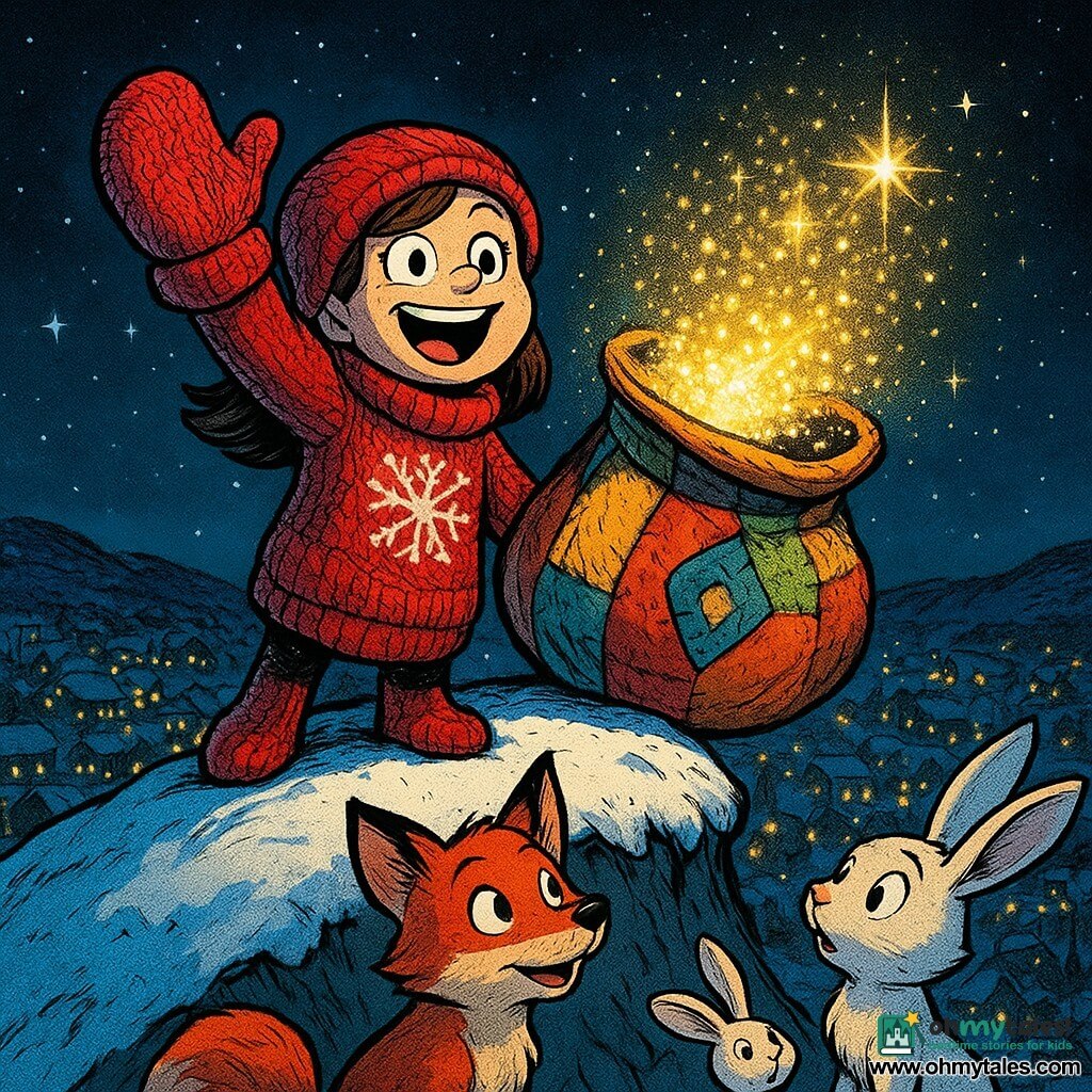 Mabel, a talking red mitten, stands atop a snowy hill, her expression beaming with joy and accomplishment. She is made of thick wool with snowflake patterns. Next to her, Jingle, a large multicolored bag with patches and a glowing aura, opens to release a shower of sparkling lights. Félix, a fox with a red coat and a mischievous look, watches the scene in wonder, standing slightly back. Lila, a white rabbit with large ears, stands near Félix, her eyes wide with surprise and happiness. The hilltop is covered with sparkling snow, offering a panoramic view of the village below, illuminated by golden lights and bright stars in the night sky. The scene captures the magical moment when the lights descend on the village, creating a fairy-tale and festive atmosphere.