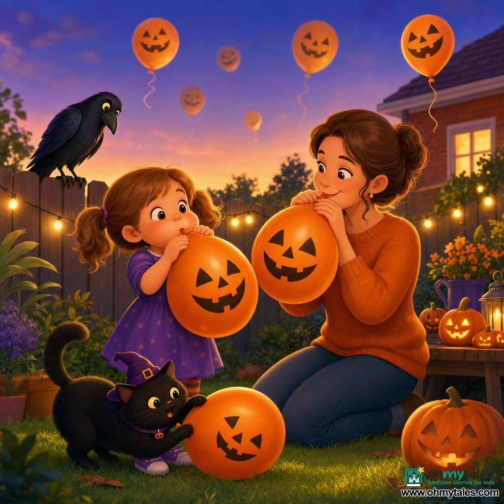 A 4-year-old girl with a round face and rosy cheeks, light brown hair in pigtails, delighted expression, energetically blowing up a large orange pumpkin-faced balloon; her mother, about 30–35, with tied brown hair and a gentle smile, stands beside her inflating another orange balloon and watching proudly; a fluffy black cat named Shadow wearing a small purple witch hat nudges the girl's feet and bats at the balloon; a curious raven perches on a wooden fence watching the floating balloons; backyard at dusk with green lawn, string lights and decorated pumpkins on a wooden table, blurred brick house in the background; warm, welcoming childlike scene with floating orange pumpkin balloons, a few rising into the twilight sky, warm colors (orange, purple, yellow), soft textures and rounded shapes.
