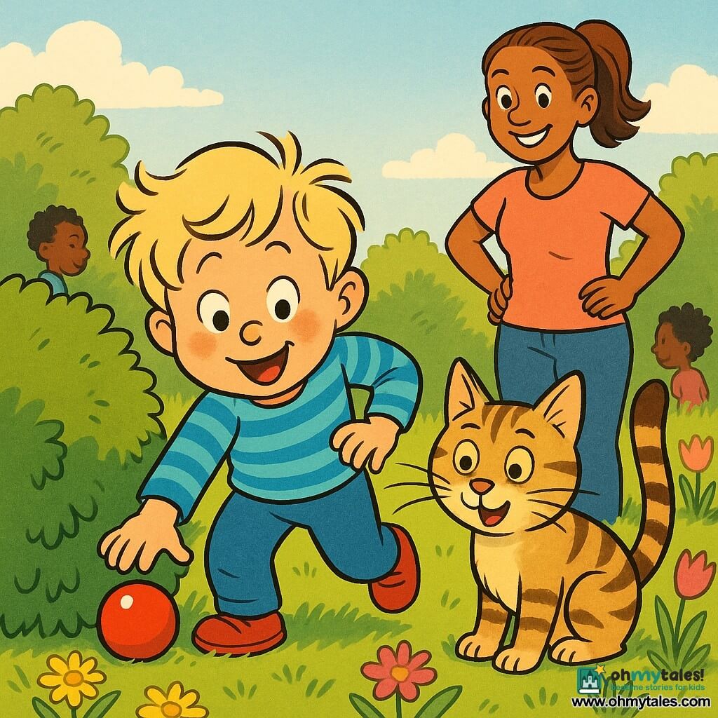 A joyful 2-year-old boy with a round face, rosy cheeks, tousled blond hair and bright eyes leans to pick up a small shiny red ball hidden behind a round bush; his smiling, warm mother (about 30) with chestnut hair in a ponytail stands a few steps away with hands on her hips, watching proudly; a beige-and-brown striped tabby cat named Whiskers with long whiskers sits by the bush with its tail up as if indicating the ball; the sunny garden has a dense green lawn, yellow marguerites and pink tulips, scattered toys and soft late-afternoon light, and the scene shows the boy’s triumphant, joyful expression and playful movement with clear composition, vivid colors and a tender, playful mood.
