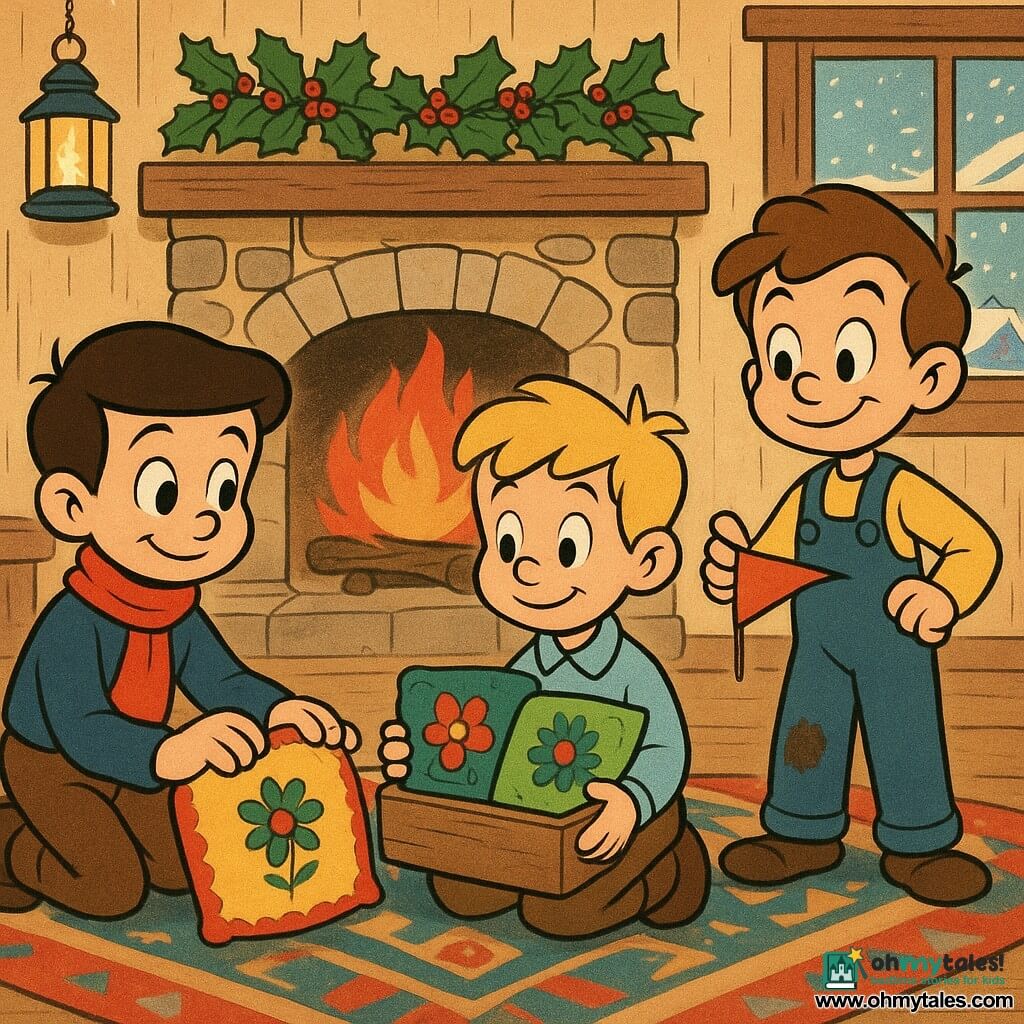 Three 8-year-old boys: Tom, brown hair neatly combed, red scarf, kneeling left and arranging an embroidered cushion by a painted hearth; Sam, blond hair tousled, gentle smile, seated center holding a wooden box of cushions; Ben, chestnut hair, slightly soiled overalls, standing right holding a repaired paper pennant toward a cushion. Inside a village parlor with a painted mantel showing stylized red and yellow flames, light wood walls, holly garlands and glass lanterns, a thick geometric rug, and a frosted window revealing snowy roofs. The boys place three small colorful cushions in a semicircle before the hearth; the scene is warm and quiet—soft lantern and candle light with reds, golds and greens contrasting the pale blue outside—Ben replaces the blown pennant while Tom adjusts a cushion and Sam watches over the box.
