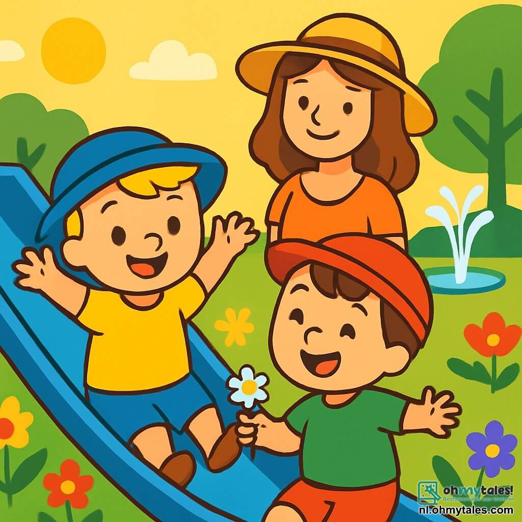 Er zijn 3 personages: - Tom: een 2-jarig jongetje met blond haar en sprankelende ogen. Hij draagt een blauwe hoed en een gele t-shirt. Hij staat links, glimlachend met zijn armen in de lucht. - Bas: een 2-jarig jongetje met bruin haar en nieuwsgierige ogen. Hij draagt een rode hoed en een groene t-shirt. Hij staat rechts van Tom, lachend en met een bloemetje in zijn hand. - Mama: een vrouw, de moeder van Tom en Bas, ongeveer 30 jaar oud, met kastanjebruin haar en een warme glimlach. Ze draagt een lichte jurk en een strohoed. Ze staat achter de jongens en kijkt hen teder aan. De locatie is een zonnig park vol kleurrijke bloemen: gele, rode en paarse bloemen. Er is een grote glijbaan van glanzend blauw in het midden, omringd door groen. Op de achtergrond is er een fontein die zachtjes spettert, en majestueuze bomen bieden schaduw. De belangrijkste situatie toont Tom en Bas die samen van de grote glijbaan glijden, met stralende gezichten van vreugde. Ze zijn omringd door schitterende bloemen en gelach, terwijl Mama hen met een gelukkige glimlach observeert.