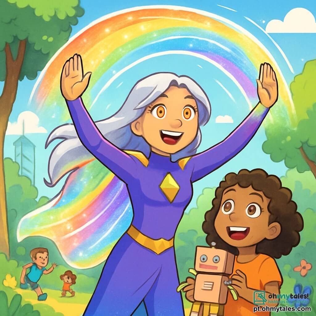 Uma jovem mulher, Lira, é representada como super-heroína, Prisma. Ela tem longos cabelos prateados que flutuam ao vento, olhos dourados brilhando de determinação e uma capa feita de luz líquida que brilha ao seu redor. Sua expressão é alegre e confiante, pronta para defender sua cidade. Ao seu lado, Manu, uma menina de 8 anos com cabelos cacheados e um grande sorriso, segura um robô de papel que construiu. Ela olha para Prisma com admiração, os olhos arregalados de espanto. A cena acontece em um parque vibrante de cores, com árvores de folhas verdes brilhantes, flores multicoloridas e crianças brincando ao redor. Ao fundo, edifícios futuristas com fachadas brilhantes se erguem sob um céu azul claro. A situação principal mostra Prisma levantando os braços, criando um escudo de luz para proteger as crianças do parque, enquanto Manu a incentiva com entusiasmo, ilustrando o espírito de equipe e coragem.