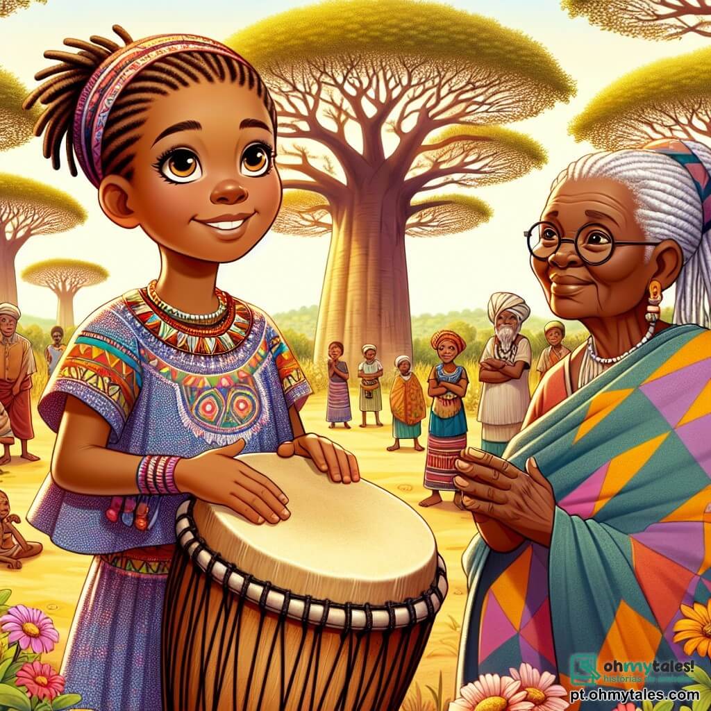 Amani, uma jovem africana de 12 anos, está no centro do palco, com olhos brilhantes de determinação e um grande sorriso no rosto. Ela usa um vestido colorido de tecido tradicional, adornado com padrões vibrantes, e segura um tambor de madeira em suas mãos, pronta para tocar. Ao seu lado, Mzee Nia, uma mulher de 70 anos com cabelos grisalhos trançados e um rosto enrugado de sabedoria, a observa com orgulho, de braços cruzados, vestida com um vestido de pagne de padrões geométricos. Mais adiante, um grupo de moradores da aldeia, homens e mulheres de várias idades, se reúne ao redor, cativado pela cena. O cenário é de uma clareira ensolarada, cercada por majestosos baobás e flores coloridas, onde os raios de sol filtram através das folhas, criando uma atmosfera calorosa e acolhedora. A principal situação mostra Amani, pronta para tocar o tambor, reunindo os moradores para celebrar a música e a unidade de sua comunidade, simbolizando a harmonia entre as diferentes culturas.