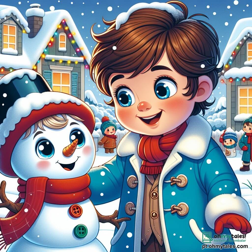 Um menino de 4 anos, Lucas, com cabelos castanhos bagunçados e bochechas rosadas, veste um casaco azul vibrante e um gorro vermelho. Ele tem um grande sorriso no rosto, cheio de admiração, enquanto olha para um boneco de neve mágico. O boneco de neve, chamado Nevildo, tem olhos de botões brilhantes e um sorriso largo. Ele usa um cachecol vermelho e um chapéu alto. Ele está ao lado de Lucas, segurando sua mão com ternura. A cena se passa em uma pequena aldeia coberta de neve, onde as casas estão decoradas com luzes coloridas. A neve cai suavemente, cobrindo o chão com um tapete branco brilhante, enquanto flocos dançam no ar. Lucas e Nevildo estão fazendo bolas de neve para oferecer aos moradores da aldeia. Lucas ri alegremente, enquanto Nevildo o encoraja com um olhar cúmplice, criando uma atmosfera festiva e acolhedora.