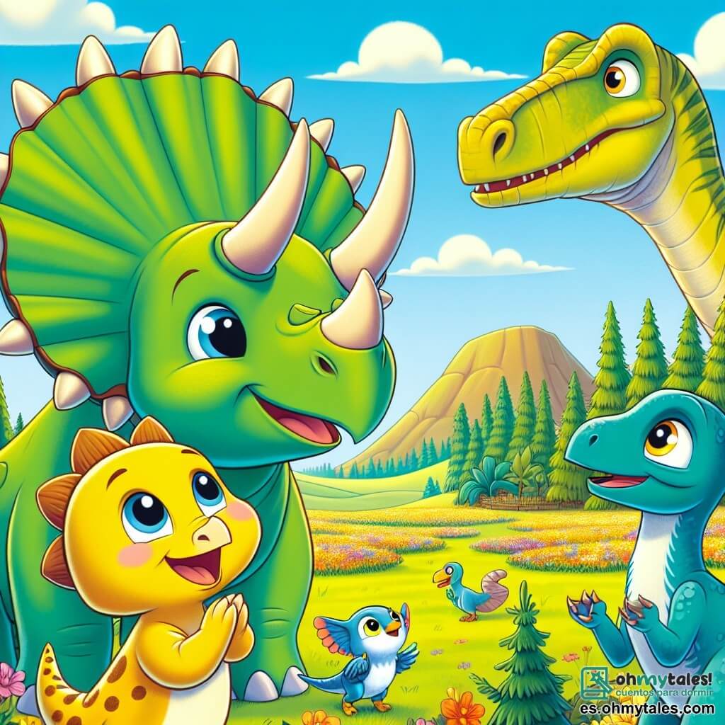 Un triceratops llamado Tito, con una piel verde brillante y tres cuernos afilados en su cabeza, se encuentra alegremente en el centro de la escena, con una gran sonrisa que expresa orgullo y emoción. A su lado, un pequeño velociraptor llamado Leo, con plumas amarillas y ojos brillantes, mira a Tito con admiración, listo para escucharlo. Al fondo, un majestuoso brontosaurio, con un largo cuello y piel azul, se inclina para escuchar la conversación, añadiendo un toque de sabiduría a la escena. El decorado es una amplia llanura soleada, salpicada de flores coloridas y grandes árboles verdes, con suaves colinas en el horizonte. La situación principal muestra a Tito y sus amigos reunidos para una gran reunión, donde discuten alegremente un plan para vivir en armonía, rodeados de risas y un ambiente festivo.