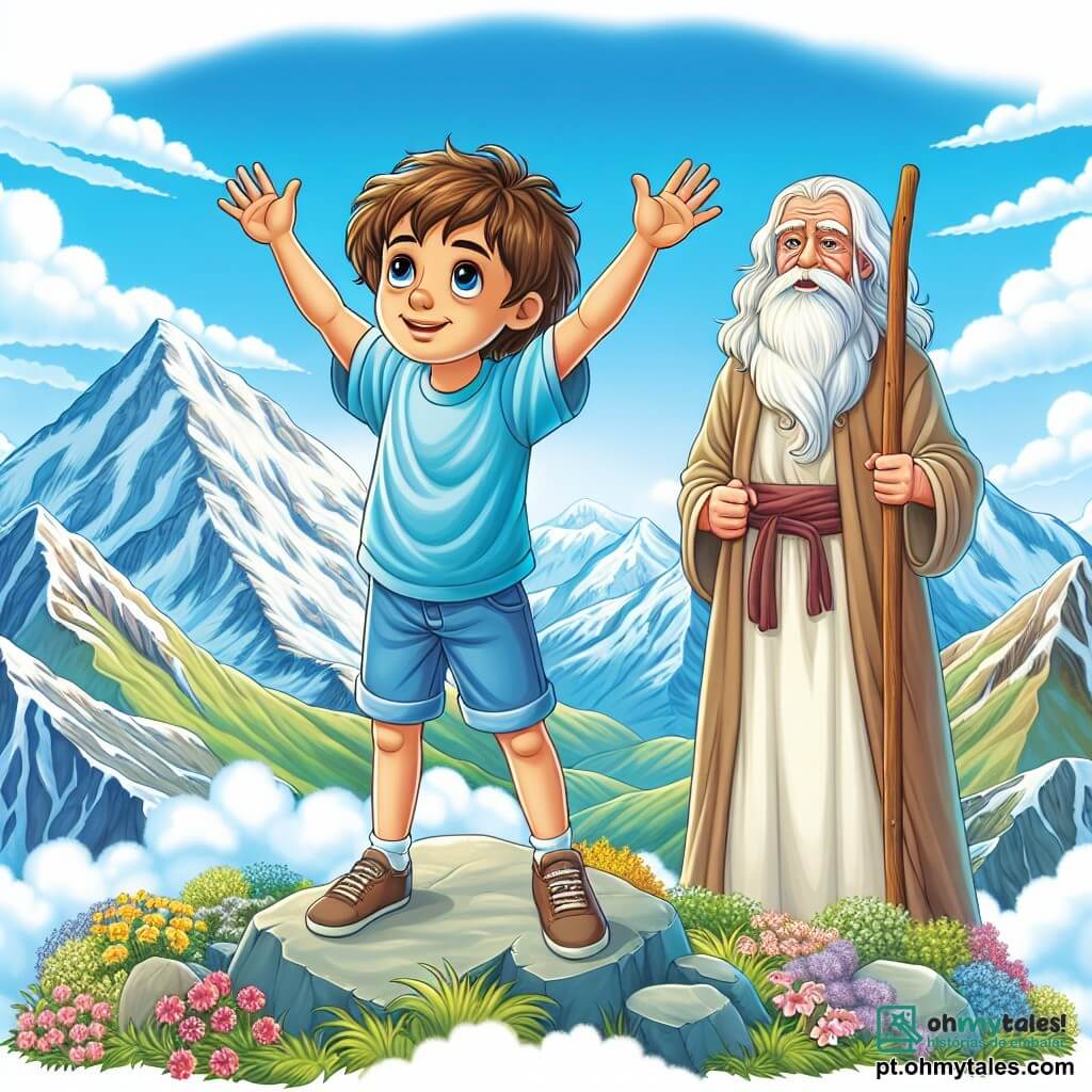 No topo de uma majestosa montanha, um garoto de 10 anos, Miguel, está de pé, com os braços levantados para o céu e um grande sorriso no rosto. Ele tem cabelos castanhos bagunçados, olhos brilhantes de curiosidade e usa uma camiseta azul e um short de jeans. Sua expressão irradia orgulho e alegria, simbolizando seu sucesso após uma longa jornada. Ao seu lado, um velho sábio com uma longa barba branca e óculos redondos, aparentando cerca de 70 anos, observa Miguel com um sorriso benevolente. Ele está vestido com uma túnica simples e segura um bastão de madeira, um pouco atrás, como um mentor admirando seu aluno. O cenário ao redor é deslumbrante: montanhas com picos nevados se erguem no horizonte, enquanto nuvens fofas flutuam suavemente em um céu azul brilhante. Flores coloridas e árvores verdes adornam o flanco da montanha, criando um quadro vivo e sereno. A cena principal mostra Miguel, após superar desafios, celebrando sua vitória no topo da montanha, percebendo que aprendeu lições valiosas sobre a vida e a resiliência.
