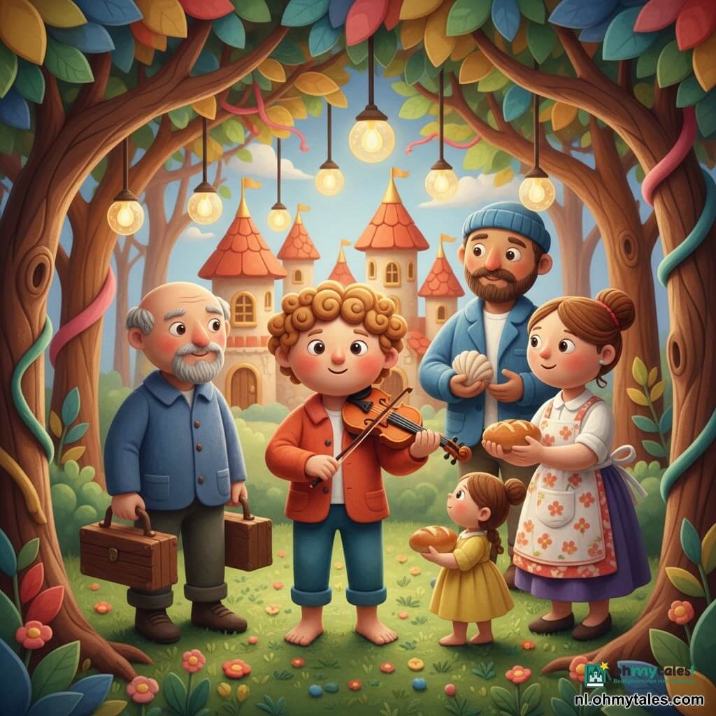 De prins is een jongen van ongeveer 8 jaar met een rond glimlachend gezicht, glanzende ogen en lichtbruin krullend haar; hij speelt blij en hoopvol op een kleine oranje viool, rechtopstaand en blootsvoets op mos. Een oude luitbouwer van circa 60 jaar met korte grijze baard en zachte glimlach staat links met een houten gereedschapskist en kijkt vriendelijk naar de jongen. Rechts staat een bakkersvrouw van ongeveer 35 jaar met opgestoken haar en een bebloemd schort, die een klein rond broodje toesteekt aan een schuchtere zesjarige meisje in een gele jurk dat bij de benen van de prins staat. Achter haar staat een veertiger visser met gebruinde huid en blauwe jas die een schelp vasthoudt en naar de muziek kijkt. De scène speelt zich af in een bosopen plek met mos en kleine bloemen, gedraaide boomstammen en kleurrige bladeren, transparante ronde lampjes die als vuurvliegjes zweven; op de achtergrond de afgeronde terracottadaken van een klein kasteel met gouden ramen en slingers tussen de bomen. De prins staat centraal terwijl dorpsbewoners zich verzamelen, lampjes cirkelen en een warme, feestelijke sfeer heerst, met felle kleuren, zichtbare modelé-texturen, zachte afgeronde vormen en lichte schaduwen.
