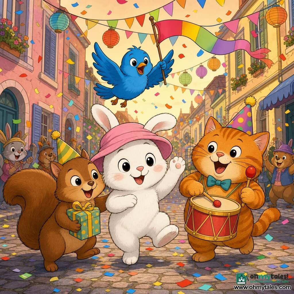 A small white rabbit with big round eyes, shyly smiling and wearing a soft pink hat, hops and raises a paw as a bright blue bird flies overhead waving a colorful banner; to the rabbit’s right a round, joyful ginger cat beats a red drum and to the left a small brown squirrel hugs the rabbit while holding a gift, all on a cobbled carnival street lined with pastel houses, paper garlands, multicolored bunting, hanging lanterns and drifting confetti in warm late-afternoon light, forming a cheerful, colorful parade where the rabbit discovers its pink hat amid friends dancing, making music and tossing confetti.