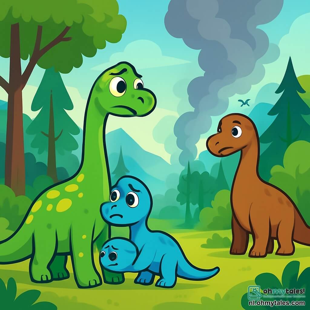 Dippa, een jonge diplodocus met een lange, gracieuze nek en een groene huid met gele vlekken, staat aan de rand van een open plek. Haar grote ogen stralen bezorgdheid en nieuwsgierigheid uit terwijl ze naar de rokende bomen kijkt. Naast haar staat haar kleine broertje Dipo, een nog kleinere diplodocus met een lichtblauwe vacht, die bang lijkt en zich tegen zijn grote zus drukt. Hun moeder, Dina, een majestueuze diplodocus met een bruine huid en zachte ogen, staat iets op afstand en kijkt bezorgd naar de situatie. De plek is een groene vallei omringd door imposante bergen, met hoge, loofrijke bomen en een lichte nevel in de lucht. In de verte stijgen rookpluimen op uit de bomen, wat een mysterieuze en verontrustende sfeer creëert. Dippa, vastberaden en moedig, besluit de bron van het vreemde geluid en de rook te verkennen om haar familie te beschermen, terwijl Dipo aarzelend volgt en Dina hen met een moederlijke bezorgdheid in de gaten houdt.